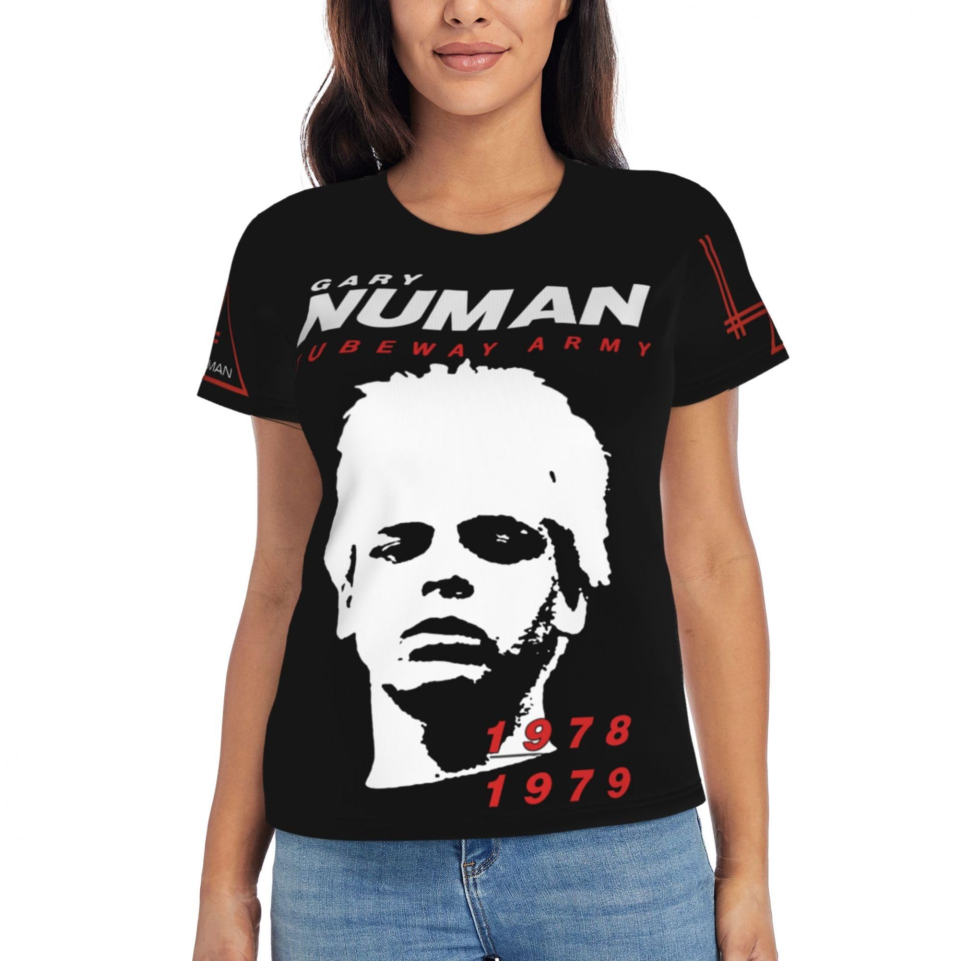 MZPQDKSLK Women's Gary Logo Graphic Black Numan T-Shirt Short Sleeve T Shirt for Women Round Neck Music Band Tshirt Clothes Merch for Fans Gift