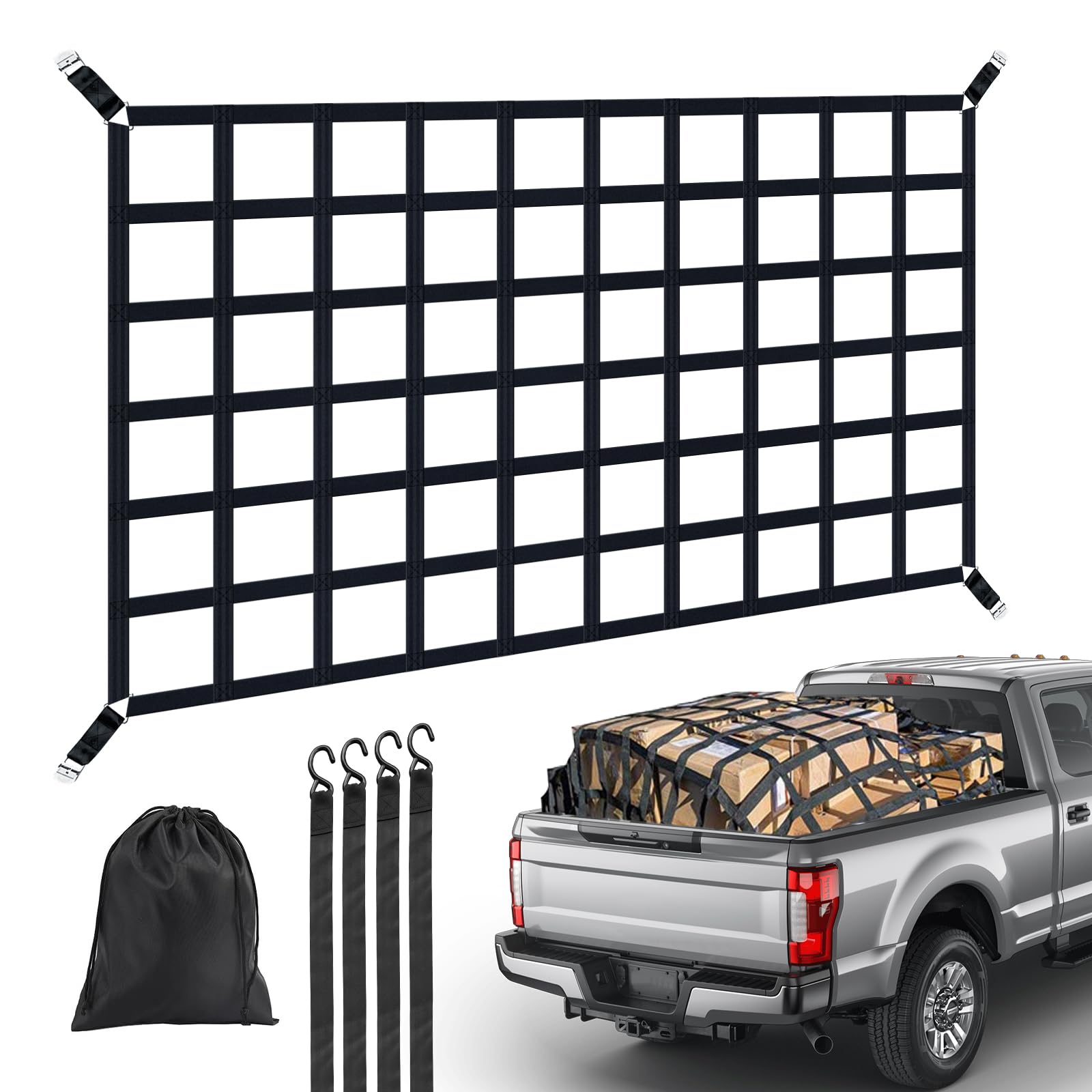 Red de seguridad de carga para camionetas – 208 cm x 127 cm, soporta hasta 500 kg, con cierres de sujeción ajustables y ganchos en S, malla de nailon resistente en espiga, incluye bandeja de