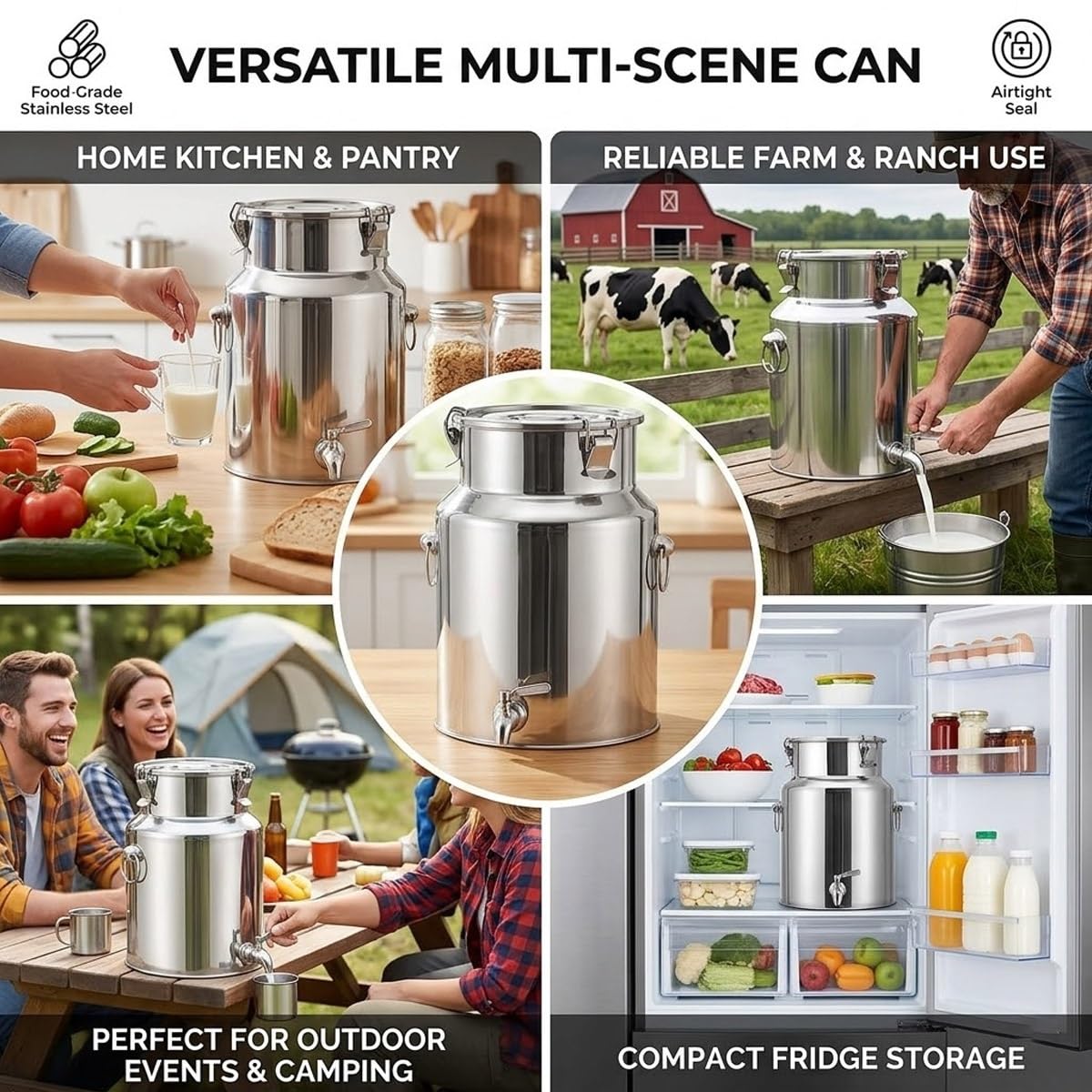 5L 10L 20L 30L 40L 60L Transportkanne Edelstahl Milchkanne Luftdicht mit Deckel, 304 Milcheimer Milchkännchen für Milch Wein Öl, Auslaufsicherer Milchbehälter(With Spigot,18L/4.76Gal)