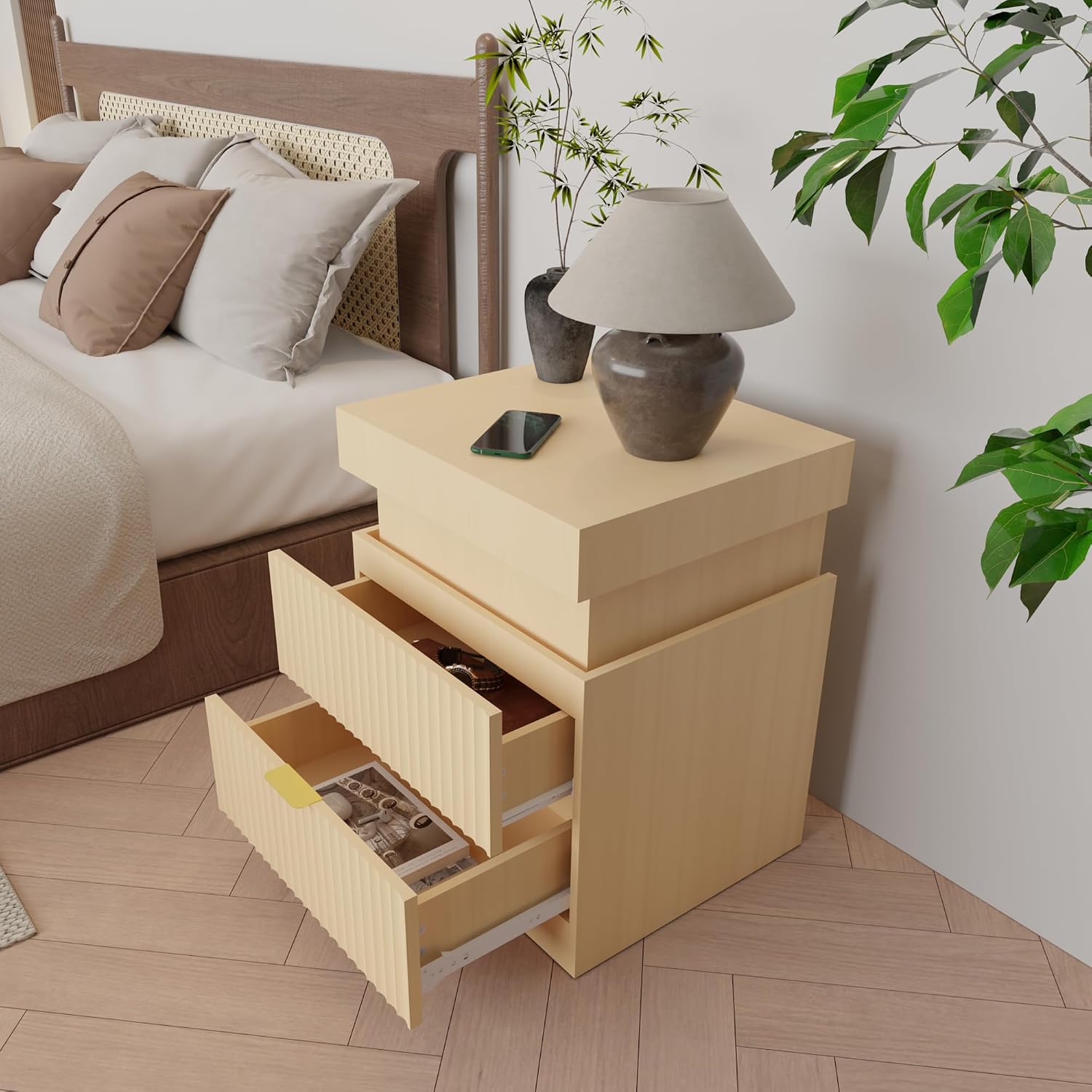 Wooden Nightstand with Charging Station & LED Lights, Modern Fluted Bedside Table with Sliding Top & Drawers for Bedroom & Living Room, Natural Oak