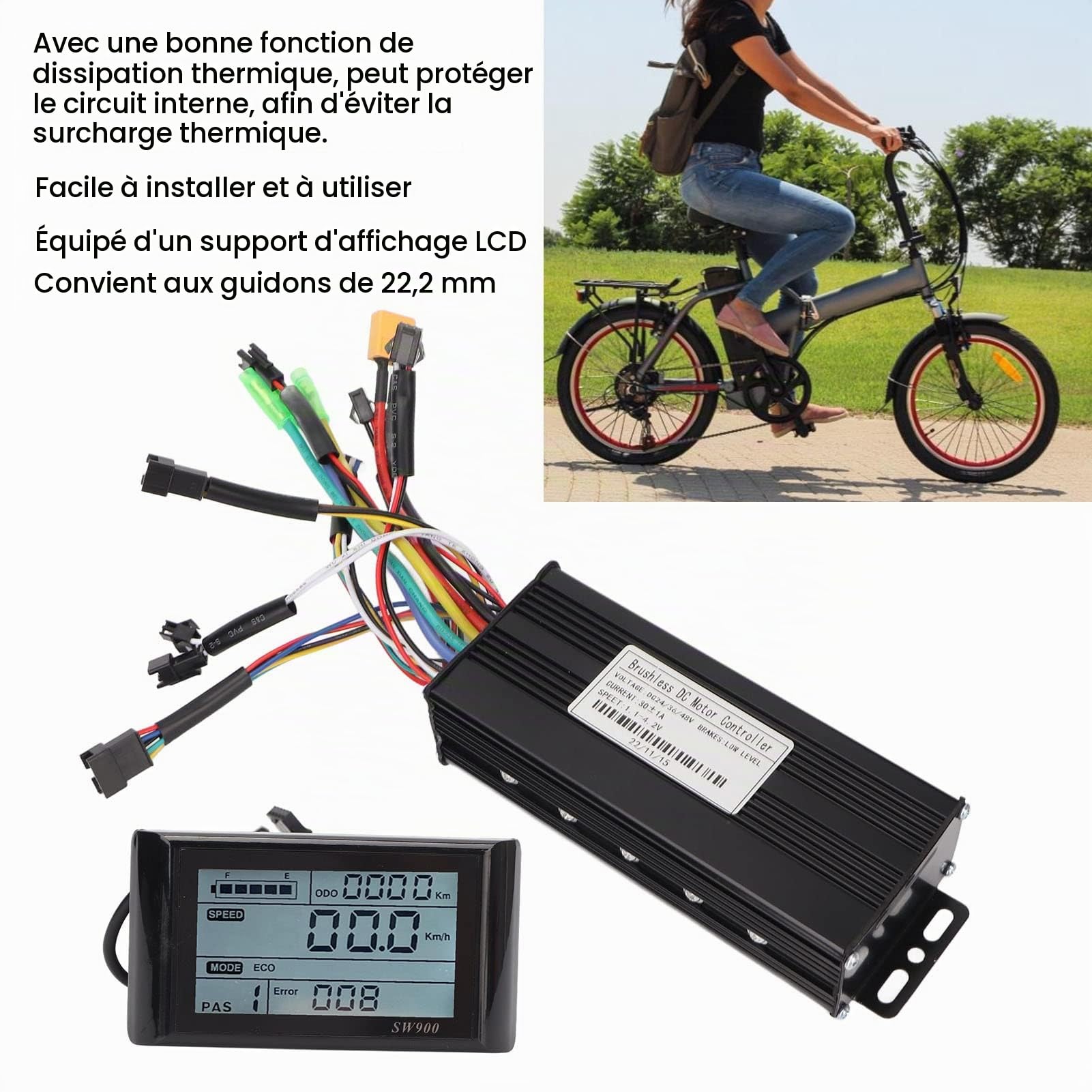 BuyWeek Kit de Contrôleur de Moteur sans Balais pour Vélo Électrique, DC 24V 36V 48V 750W 1000W 30A Contrôleur à Onde Sinusoïdale 3 Modes Panneau LCD SW900 Kit pour Scooter Électrique