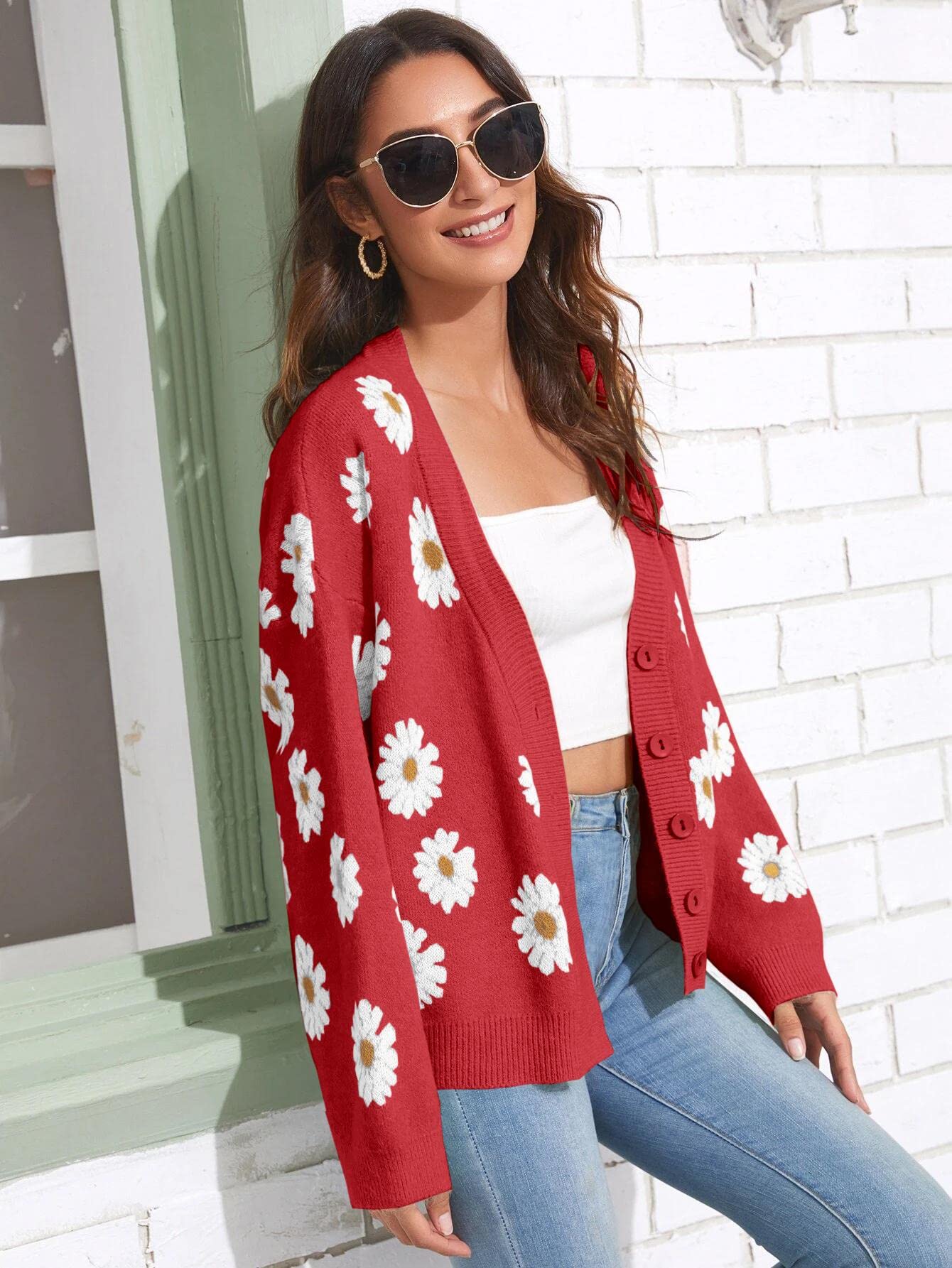 Women's Floral Print Cardigan Long Sleeve Open Front Button Down V Neck Knitted Sweaters