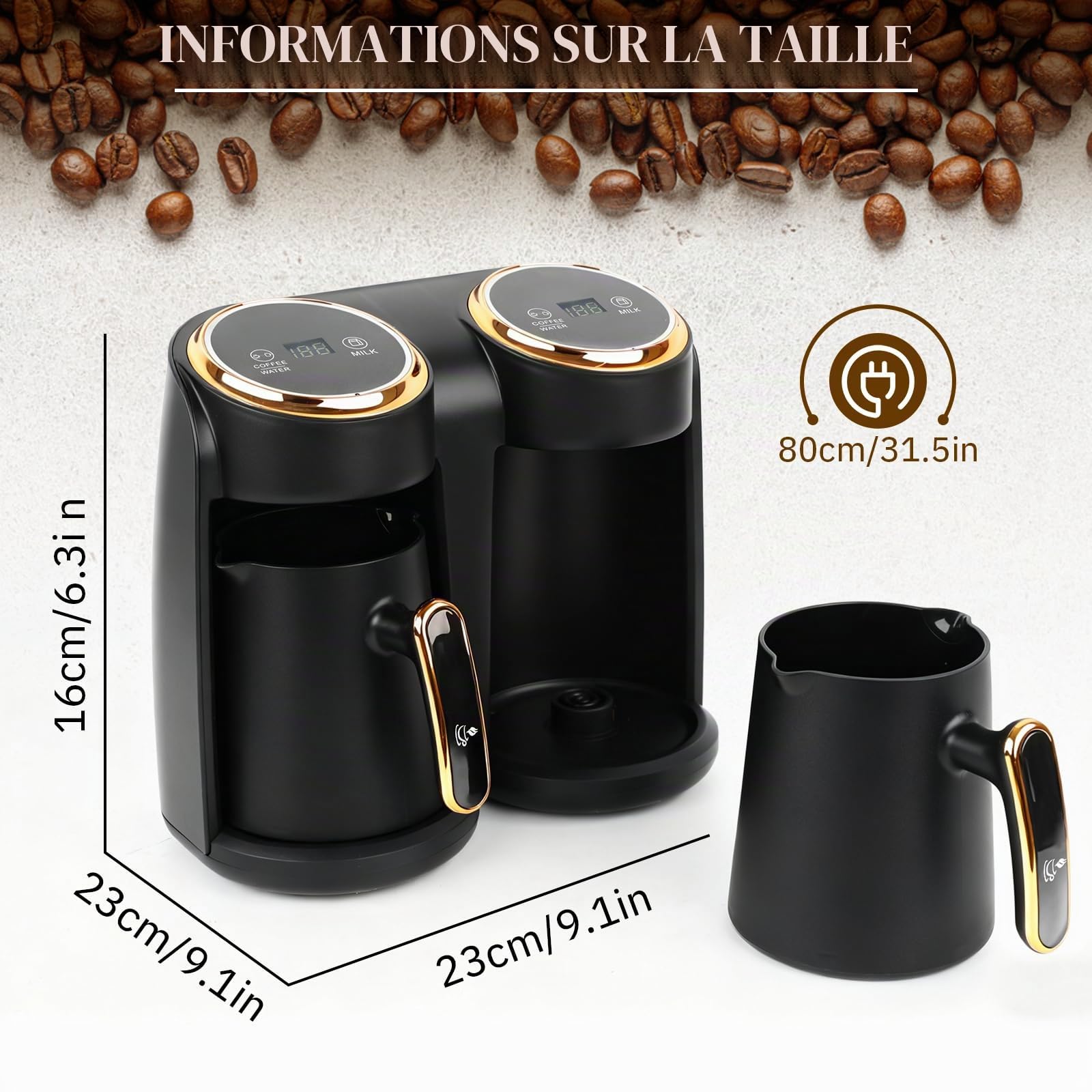 Cafetière turque, 600 W, cafetière turque avec double système de chauffage, protection contre le débordement et protection contre l'ébullition à sec, 300 + 300 ml (1 à 8 tasses)