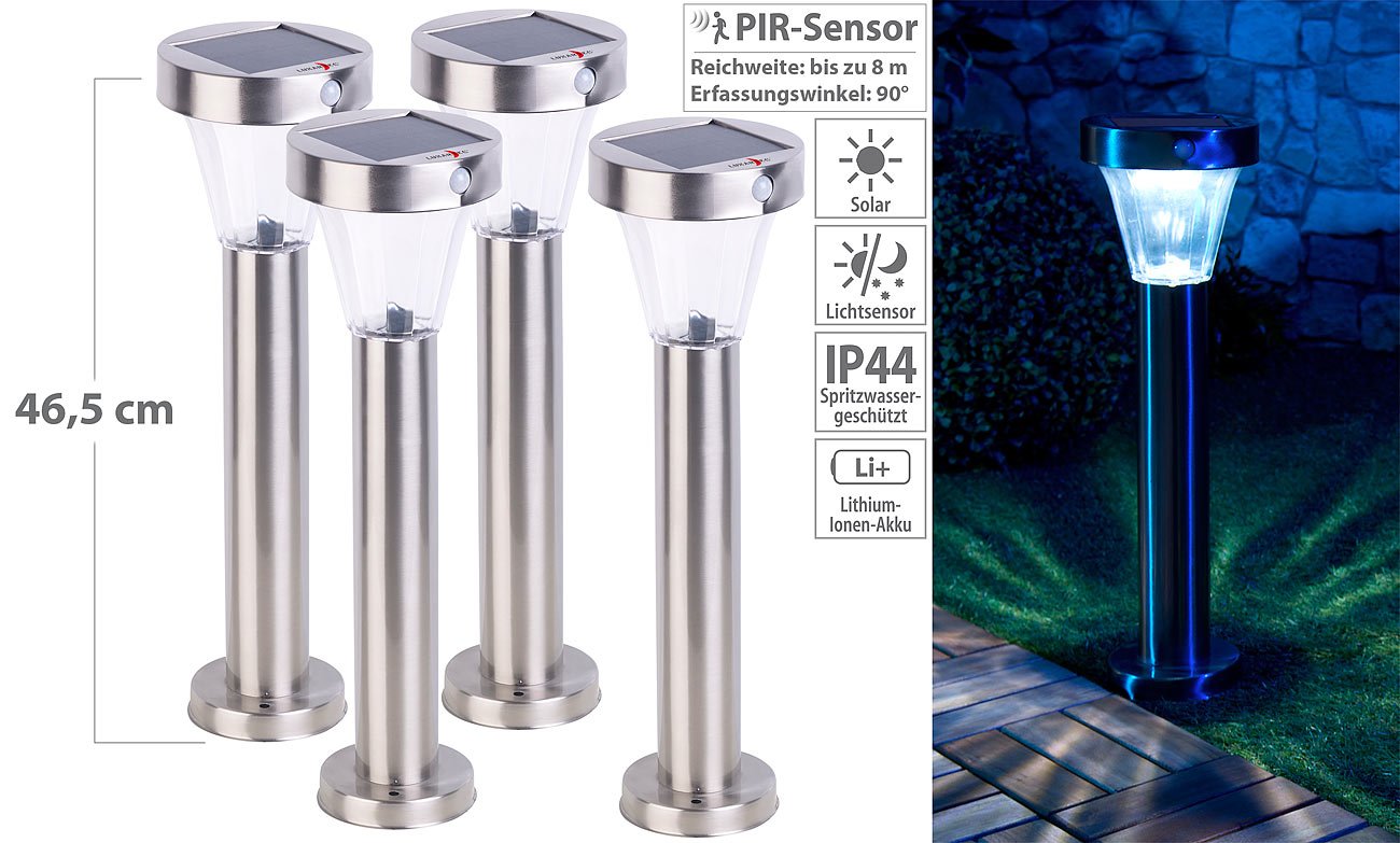 Lunartec Gartenleuchten: 4er-Set Solar-Wegeleuchte, Edelstahl, Bewegungs- & Licht-Sensor, IP44 (Pollerleuchten, Gartenwegbeleuchtung, Laterne)