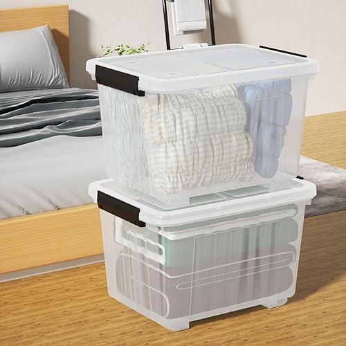 Miniatura 6 de Paquete de 4 contenedores de almacenamiento de plástico de 50 cuartos de galón con tapa y hebillas de cierre seguro, caja apilable con ruedas,