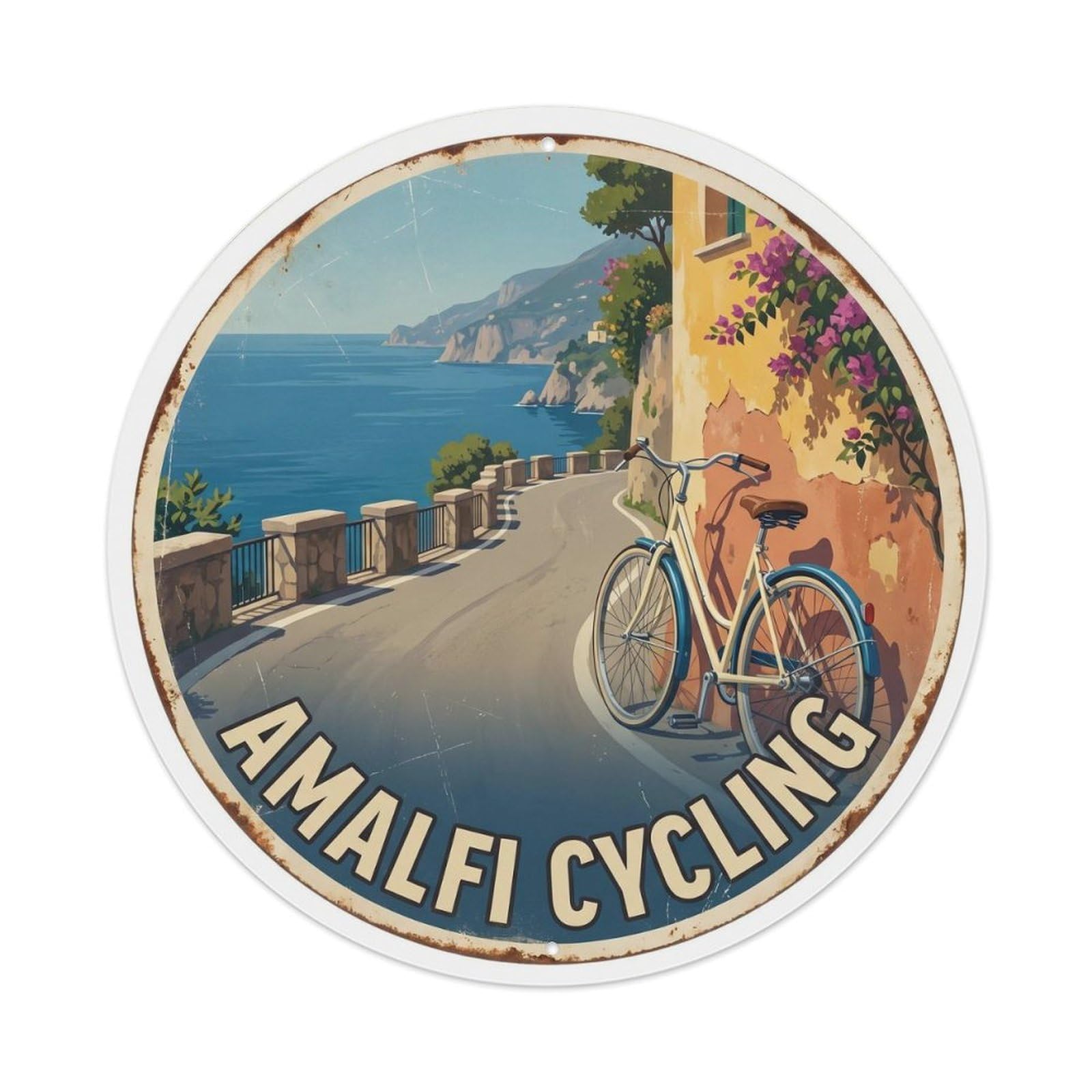 Vintage Travel Amalfi Coast Bicycle Journey Seaside Destination Metal Tin Sign Plaque Wall Decor for Cafe, Man Cave, Club Bar, Office, Home Garden Round Metal Poster 8x8Inch