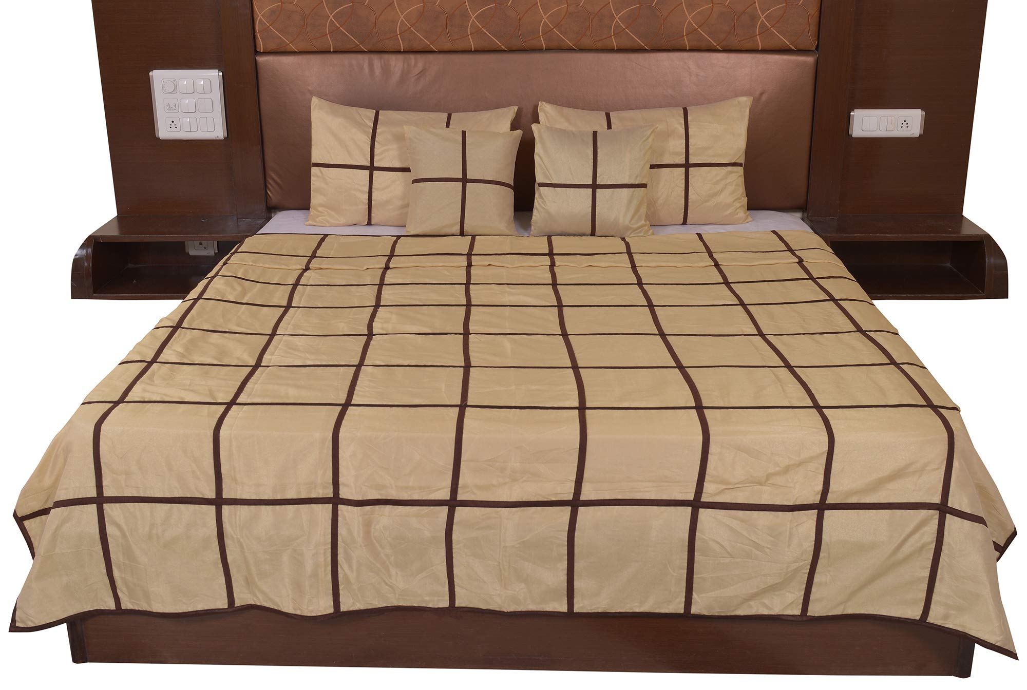 JABAMA® Beige Polysilk Plain Checks Design Bed Cover Bed Cover with 2 Pillow Cover & 2 Cusion Cover Set-image-47