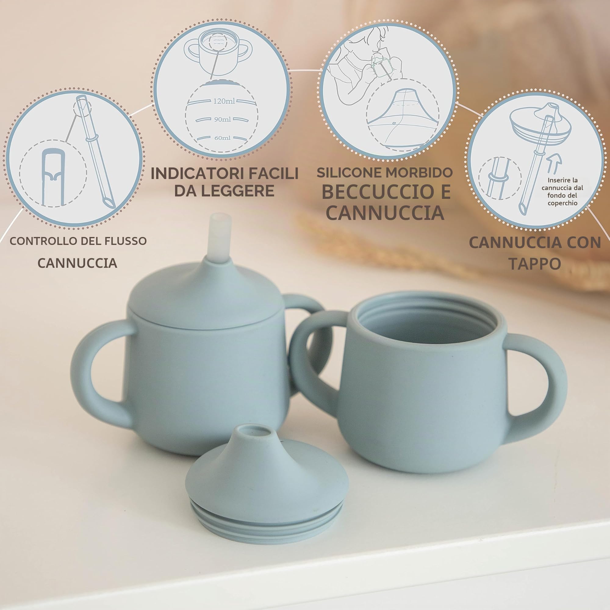 Moonkie Bicchiere Antigoccia 3-Step con Cannuccia e Manici in Silicone Senza BPA Lavabile in Lavastoviglie Tazza Neonato 120 ml Azzurro