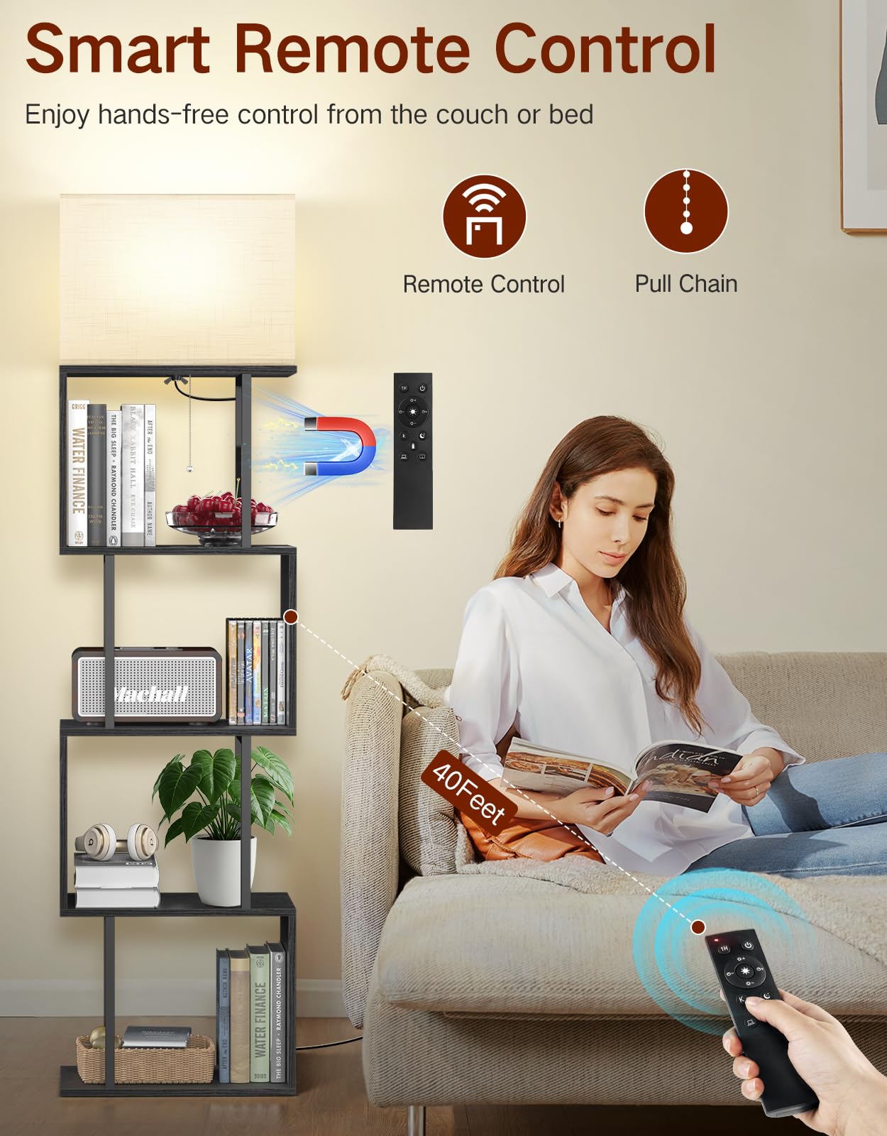 S-förmiges Bücherregal mit Lampe, 5 Ebenen, Dimmbar mit 3 Farbtemperaturen, Modernes Design mit Ablagen und Fernbedienung für Wohnzimmer, Schlafzimmer und Büro