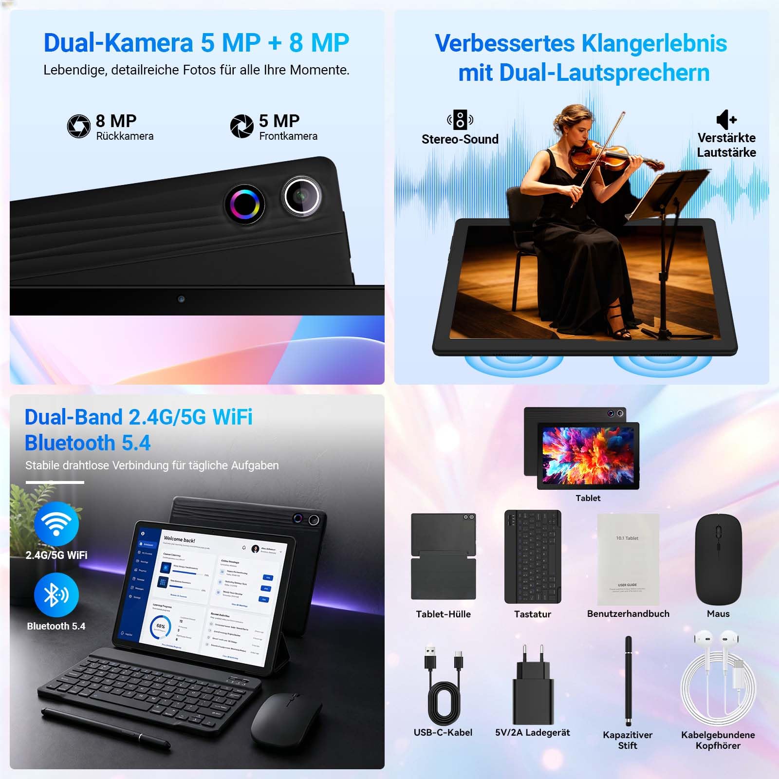 Tablet 10 Zoll Android 16 Tablets PC mit Schutzhülle Tastatur Maus Stift Kopfhörer Netzteil Kabel 20 GB RAM 64 GB ROM IPS 1280x800 Dual-Kamera 5 MP+8 MP 5000 mAh WiFi 6 BT 5.4 (Schwarz)
