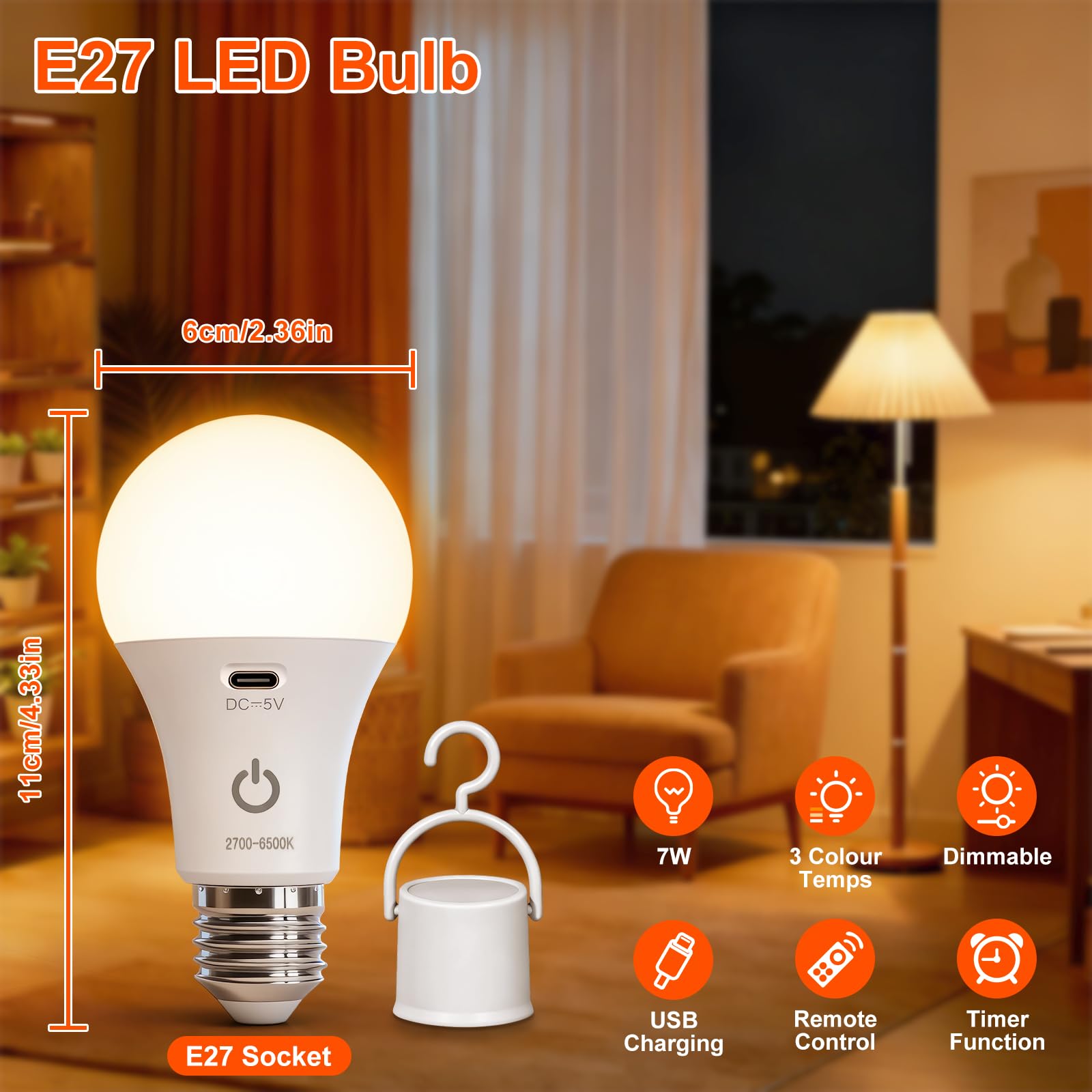 Ketom 2 Stück Glühbirne mit Fernbedienung, E27 Aufladbare Glühbirne mit Timer, 3 Farben & Dimmbar, Touch-Steuerung, 7W Wiederaufladbare LED Lampen, Drahtlose Dekorative Lampenbirne Notlicht Camping