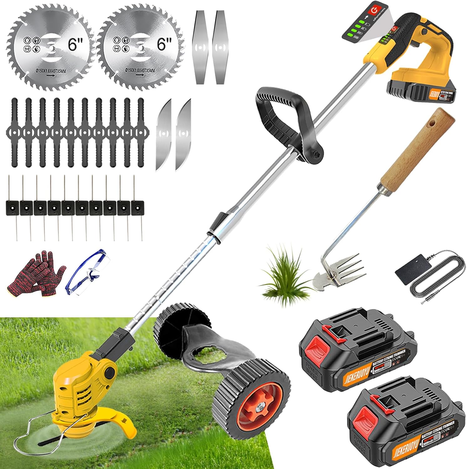 Electric Weed Wacker Cordless, 21V Battery Powered Weed Wacker Eater with 2 2Ah Battery Operated and Charger, 3 in 1 No String Weed Trimmer/Brush Cutter/Edger with Metal Blade & Wheels for Yard Garden Orange