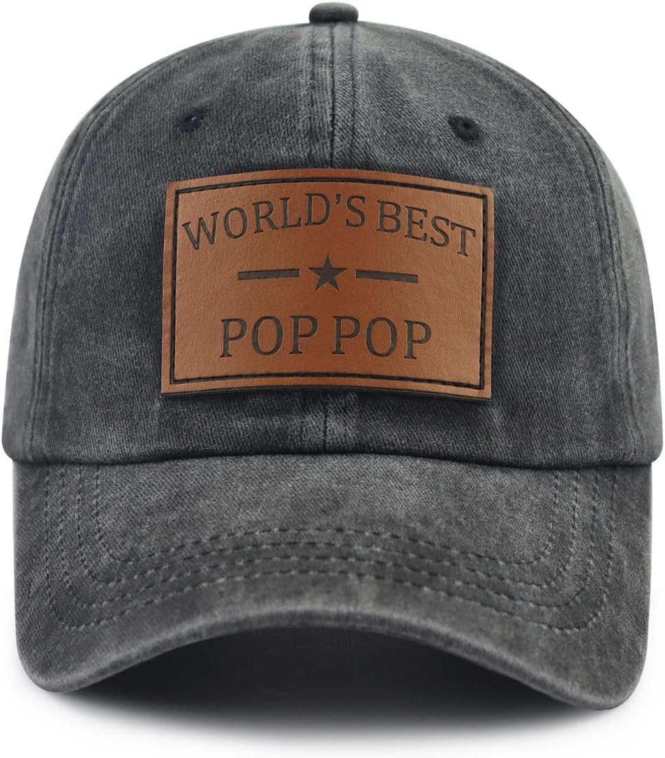 World's Best Poppop Hat for Men, Funny Adjustable Cotton Leather Patch Grandpa Baseball Cap