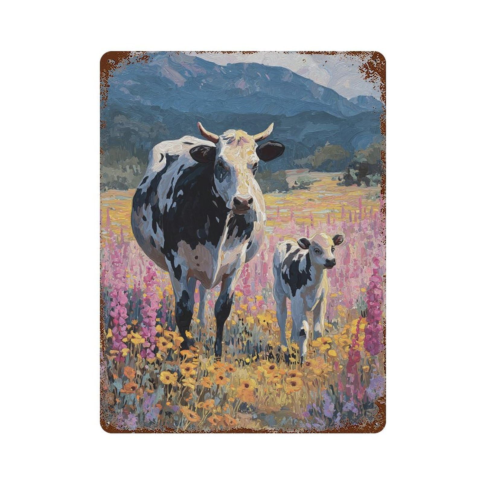 Rust Effect Pastoral Cow Scene Rustic Tin Plaque 15.7"x11.8", Classic Wall Plaque for Shed, Workshop And Garage Wall Decor