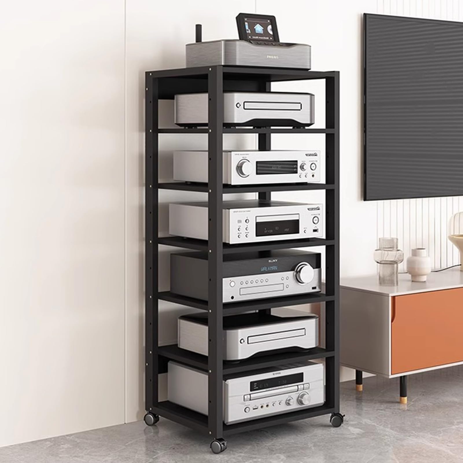 ROHCGHC Audio Rack Tower, Adjustable Shelves AV Media Stand, Corner DVD Stereo Component Console Electronics Equipment Storage Tower- 4 Tier(131cm(51 5/8) 7 Tier)