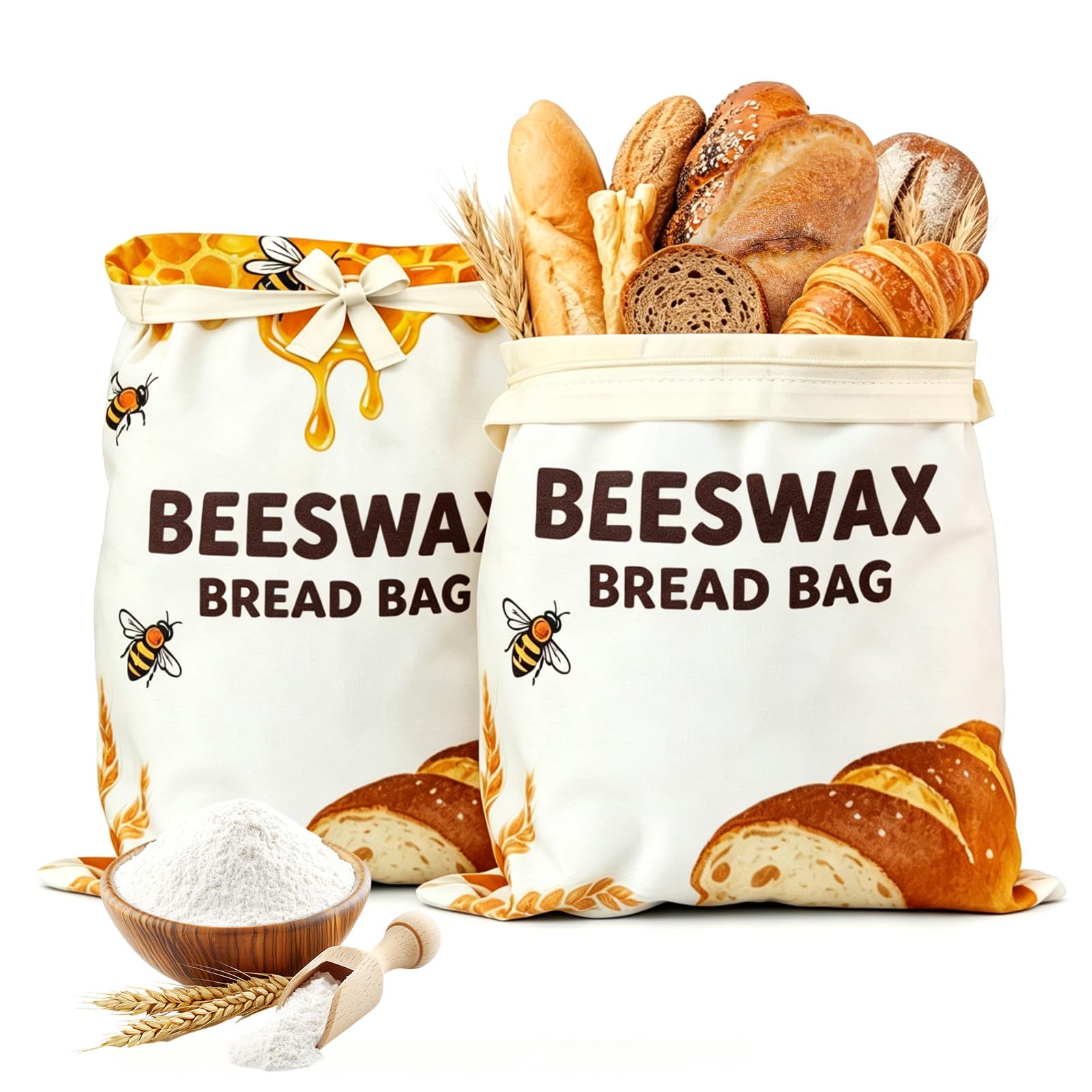 Thhiit 2 Pack Beeswax Bag, Reusable Extra Large Cotton Bread Storage Bags with Zip Closure for Sourdough, Artisan Loaves