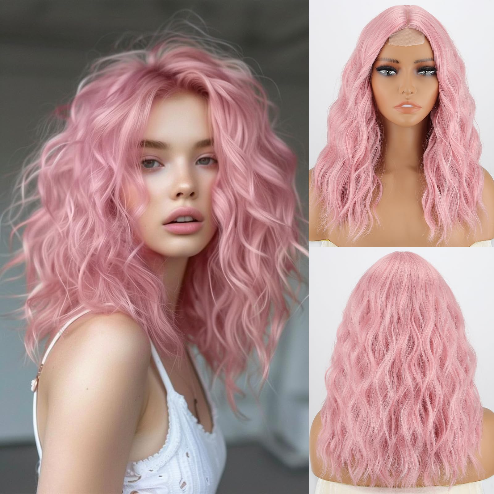 MISSQUEEN 18Inch Short Wavy Pink Wigs for Women Synthetic Heat-resistant Natural Realistic Middle Parting Light Pink Hair for Everyday Hairstyle Cosplay Party Halloween Use