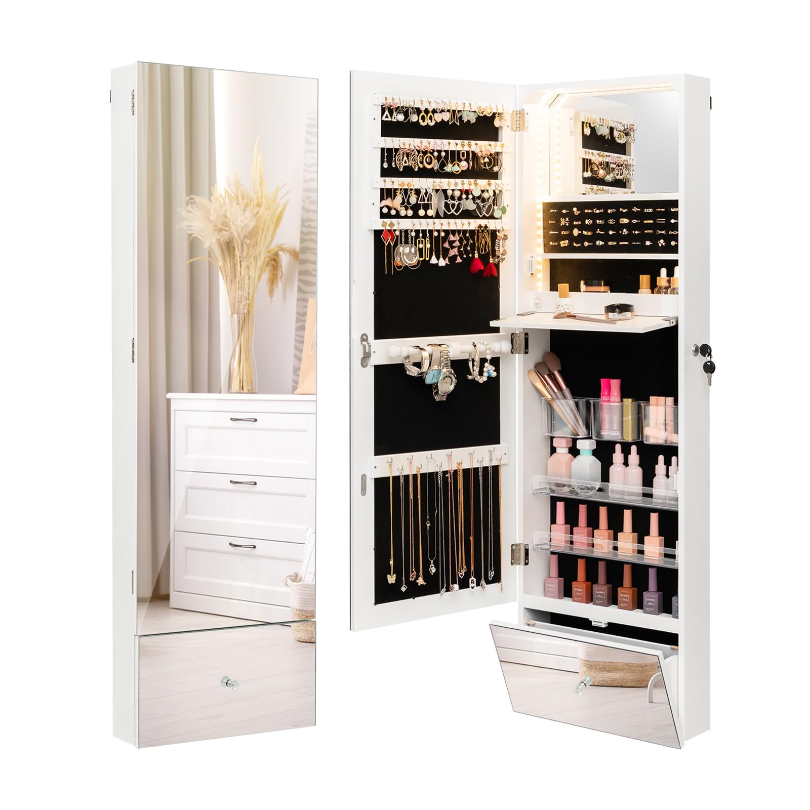 COSTWAY Armadietto Portagioie da Parete, Specchio Portagioie con Luci LED, Organizzer per Gioielli e Accessori, Specchietto Interno e Mensola Pieghevole, 4 Mensole, per Soggiorno Camera da Letto