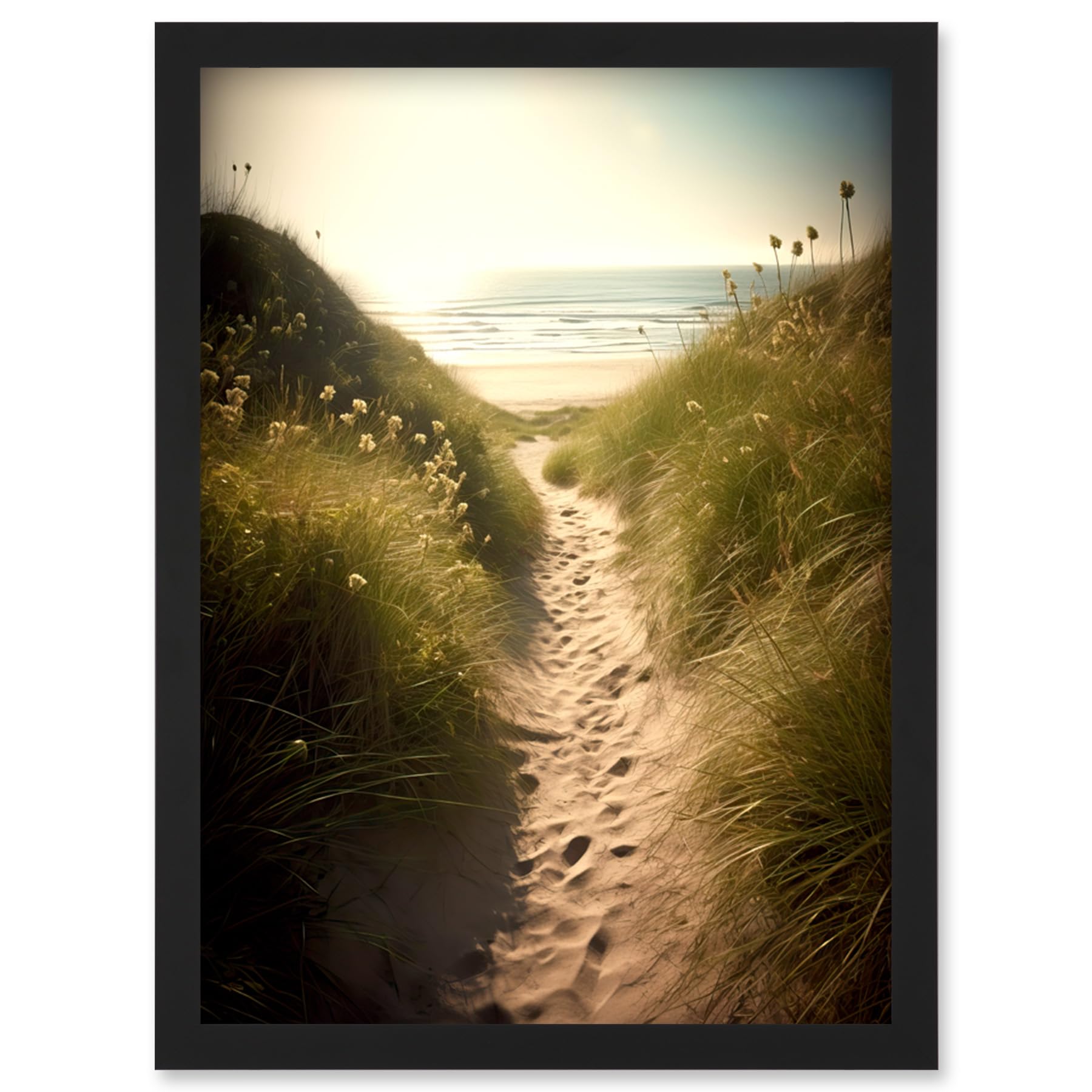 Artery8 Summer Beach Path Photograph Bright Sunny Sandy Coastal Landscape Seascape Artwork Framed Wall Art Print A4