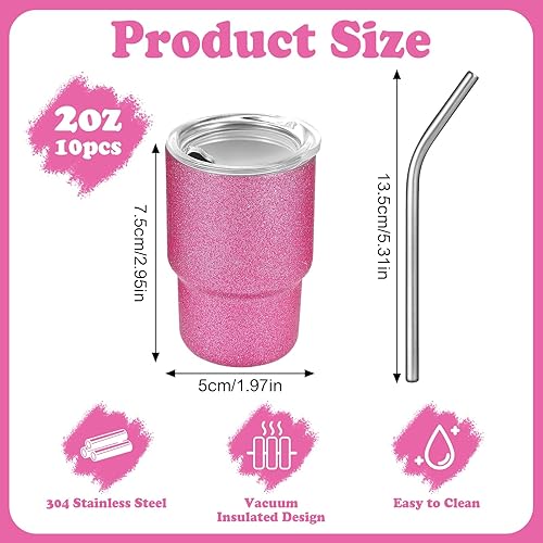 Miniatura 2 de Juego de 10 vasos de chupito con pajita, vasos de chupito de sublimación de 2 onzas, de acero inoxidable, doble pared, aislamiento al vacío, vasos