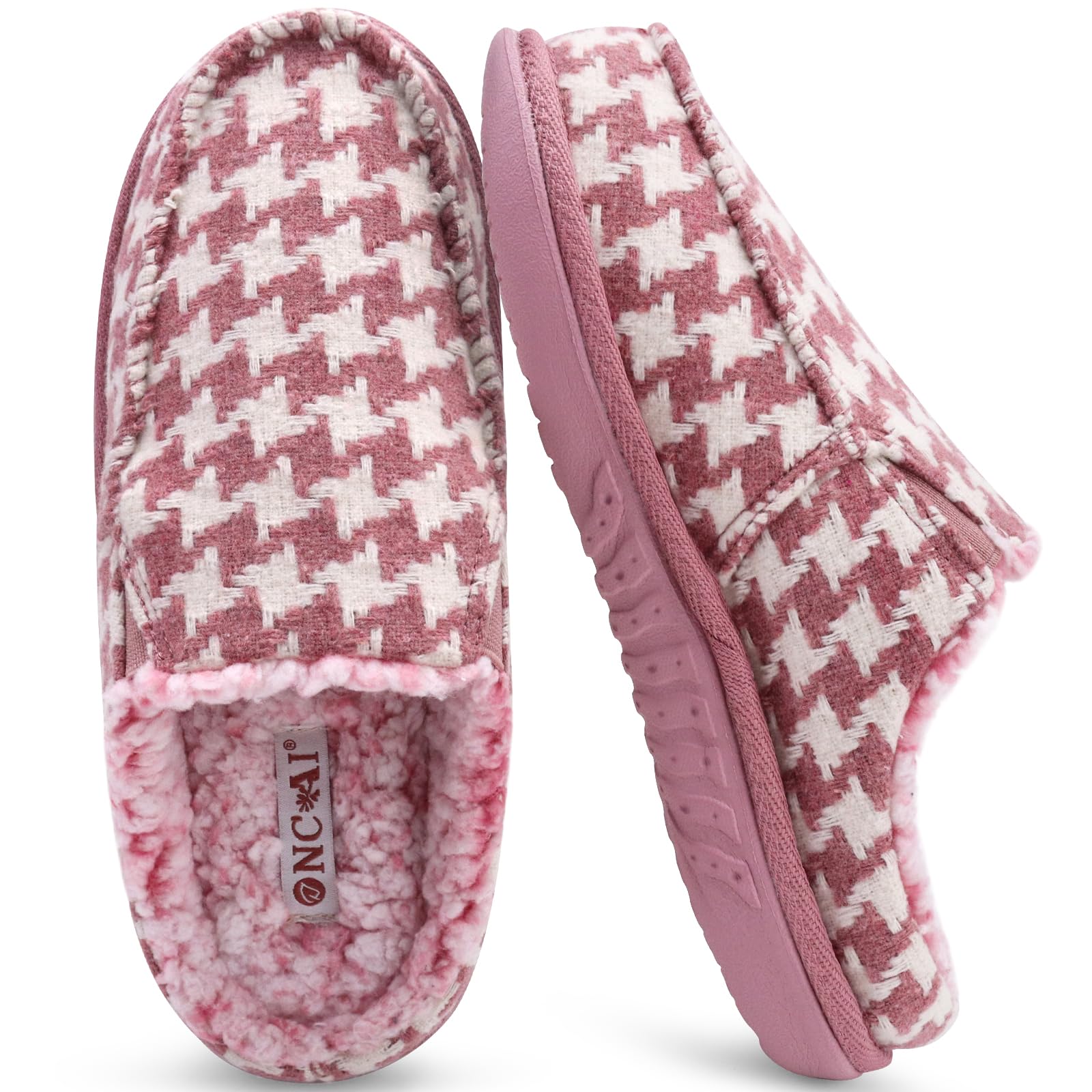 ONCAI Pantofole Donna Peluche Tessuto di Lana Houndstooth Misto Cotone Morbido Memory Foam Comode Plaid Pelliccia sintetica Ciabatte da casa Interno Esterno Tappetino Yoga Suola di Gomma Taglie 35-42