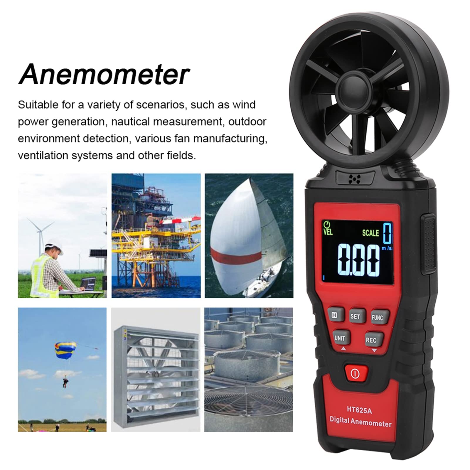 Fdit HT625B Anémomètre Portable LCD, Mini Dispositif de Mesure de Vitesse du Vent, Écran Rétroéclairé, 8 Lames de Précision