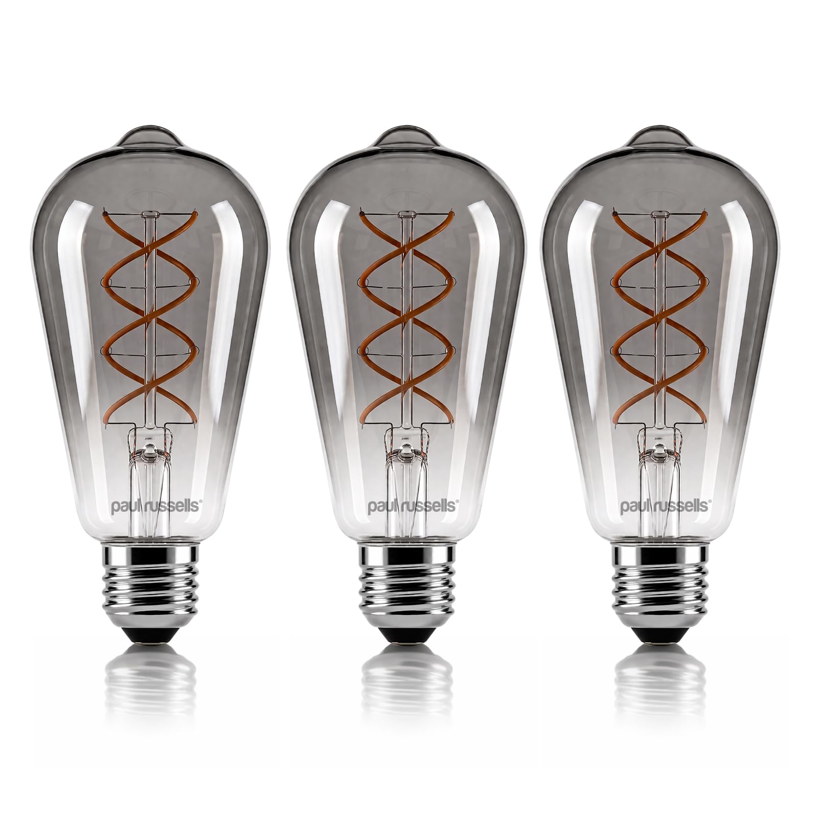 paul russells Vintage LED Edison E27 Screw Bulb, 4.5W (15w Equivalent) 140LM Filament Dimmable ST64 Amber Light Bulbs, Retro Style 1800K Warm White, Smoked Grey Glass, Spiral Antique Lamps – 3 Packs