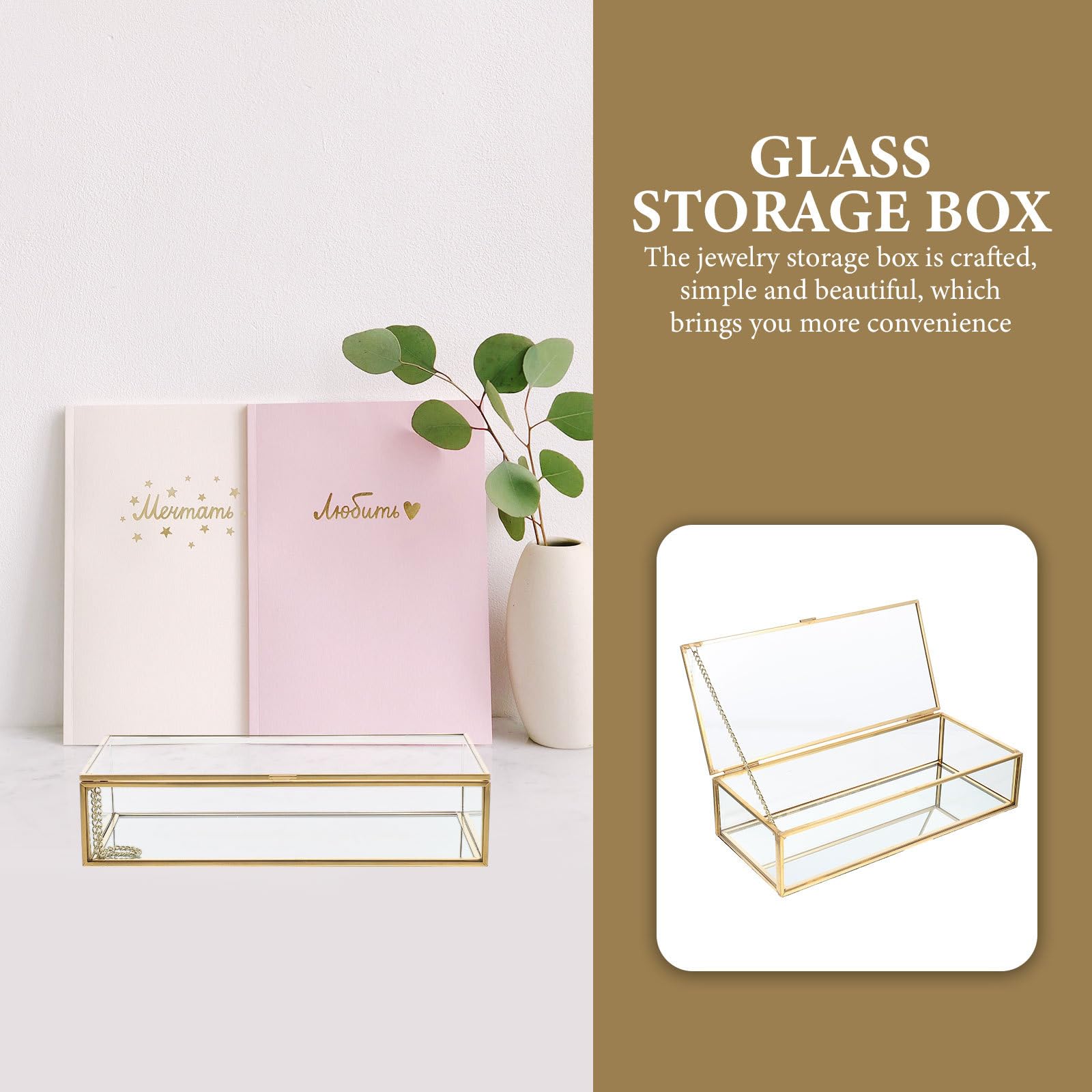 BETOOKY Transparente Schmuckbox aus Glas mit Deckel für Reisen, Gold | Kupferrahmen, Kompakt und Tragbar, Mehr Stauraum, für Juweliergeschäft und Unterwegs