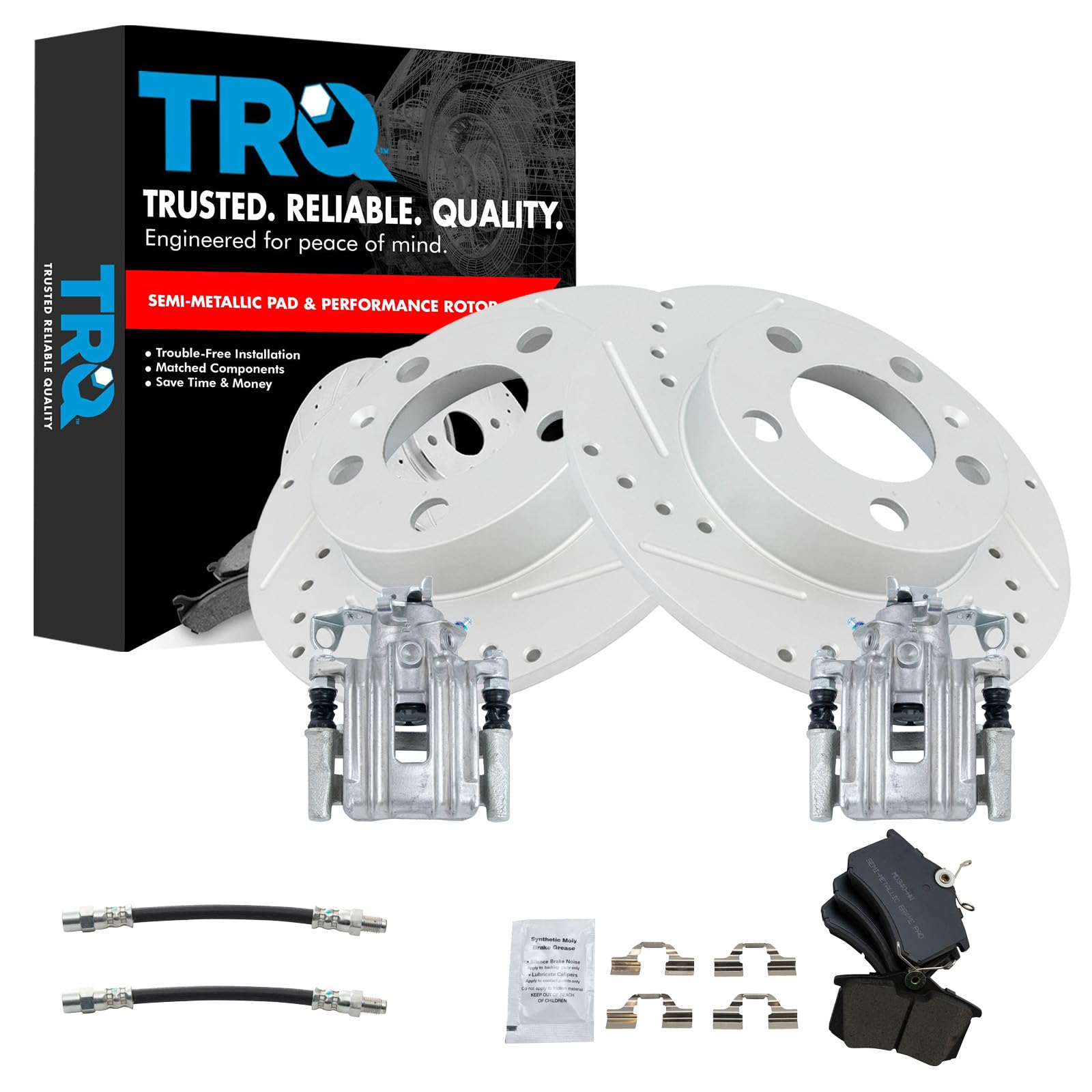TRQ Performance Rear Brake Pad and Rotor Set Semi Metallic Slotted Drilled G Coated Rotors Calipers Compatible with 1999 Volkswagen Jetta