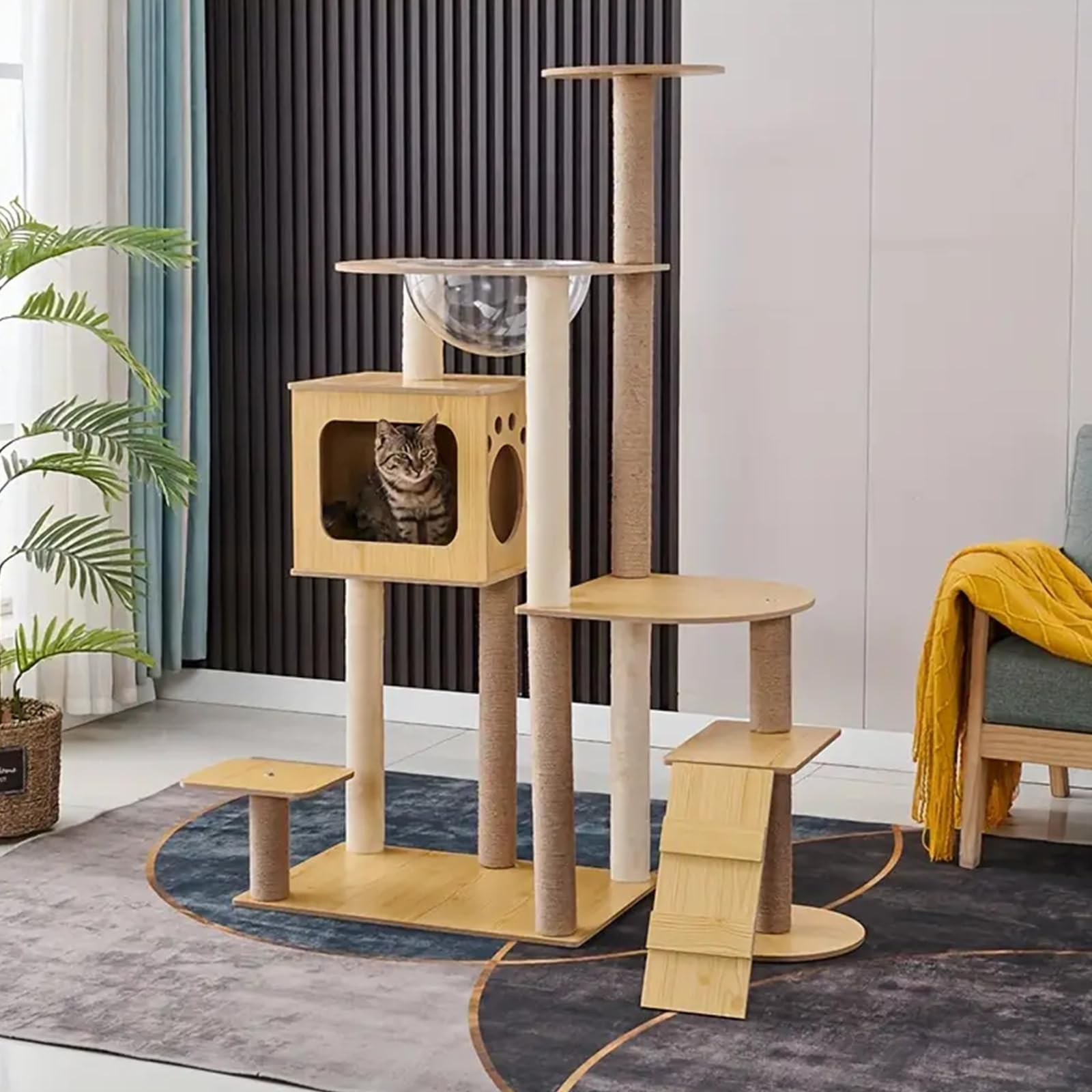 Albero per Gatti in Legno, Alto 135Cm, Tiragraffi per Gatti Adulti, Tiragraffi per Gatti con Cuccia, Piattaforma, Capsula in Acrilico, Casetta per Gatti, Albero Tiragraffi per Gatti