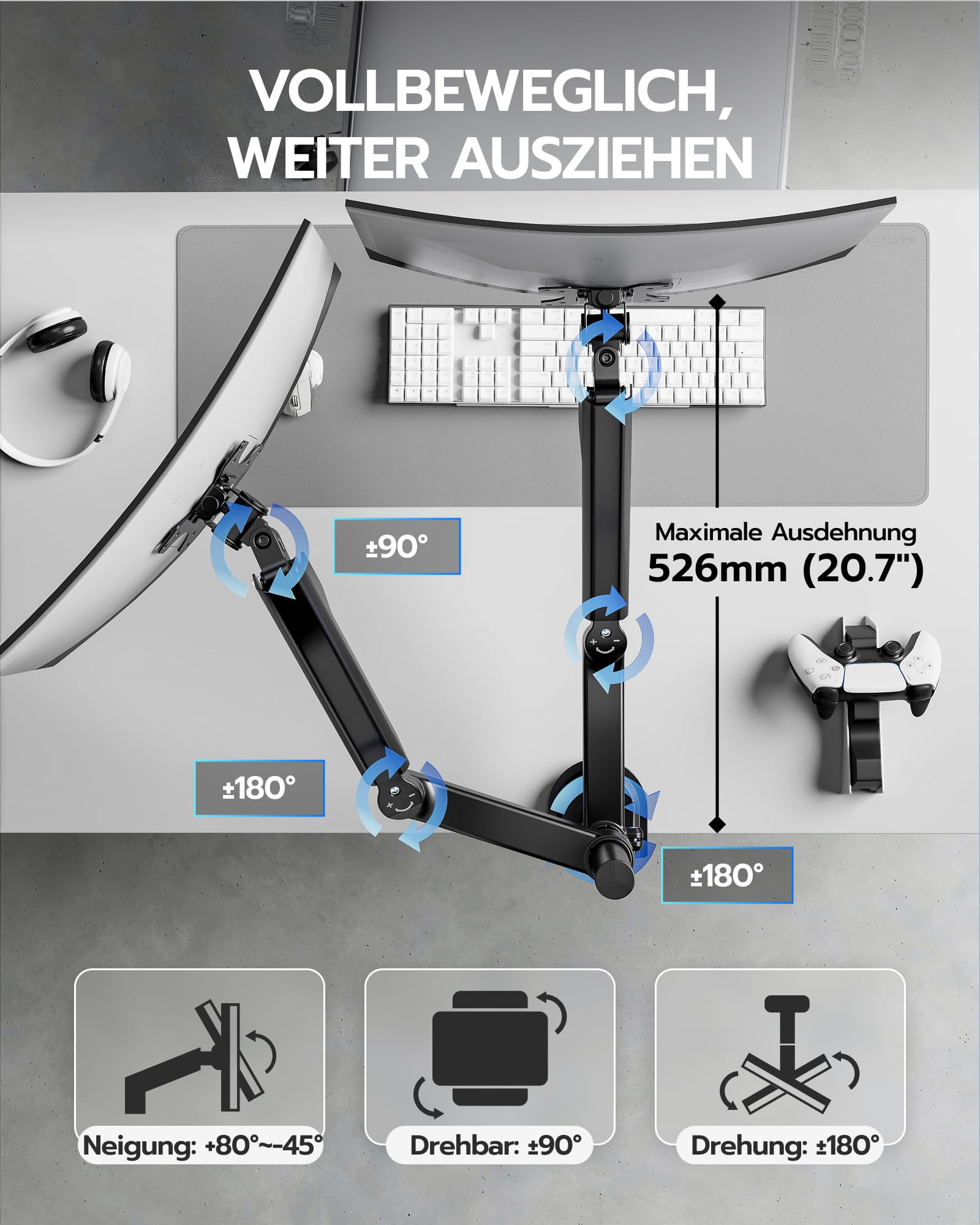 ARES WING Dual Monitorarm für 2 Monitore 17-40 Zoll mit Stange, Schwarz