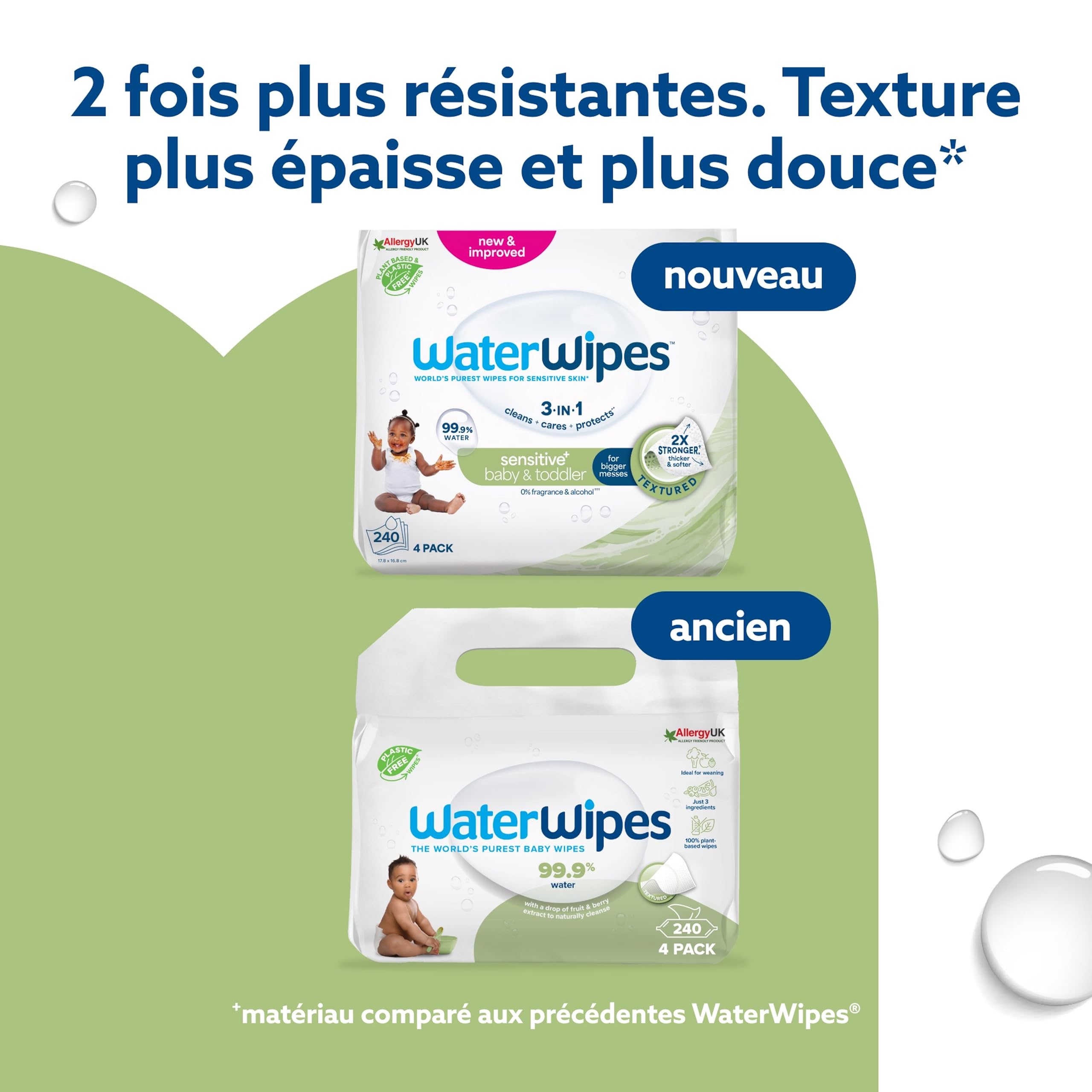 WaterWipes Sensitive+ Baby & Toddler Wipes, Lingettes Pour Bébés et Tout-Petits, 240 unités (4 paquets), 3-en-1 nettoie, soigne, protège, 99,9% d'eau, Textured Clean, non parfumées