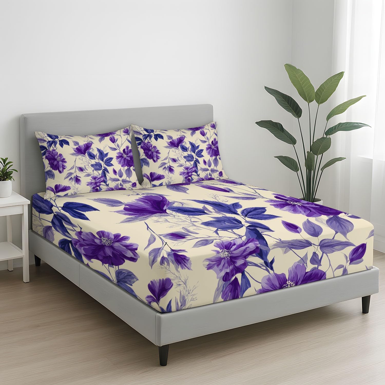 Sabana Bajera 160 x 200 cm 3 Piezas + 2 Fundas 50 x 75 cm, Se Adapta a Colchones de hasta 30 cm, Microfibra Suave, Transpirable, Antiarrugas, Crema, Vintage Acquerello Floreale