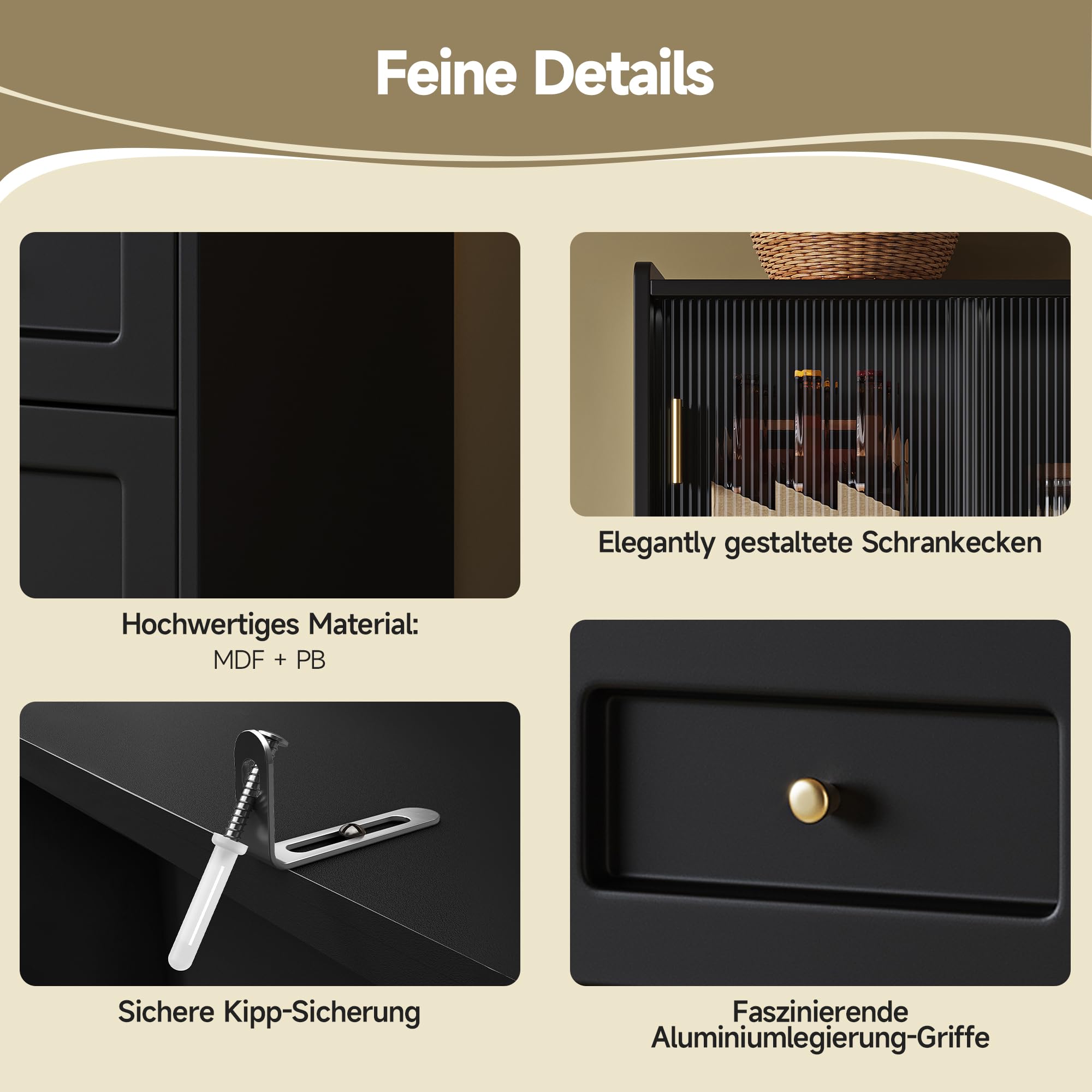 Armadio da cucina, armadio alto, vetrina, credenza da buffet con ripiani regolabili, armadio da sala da pranzo, credenza con illuminazione a LED, Nero