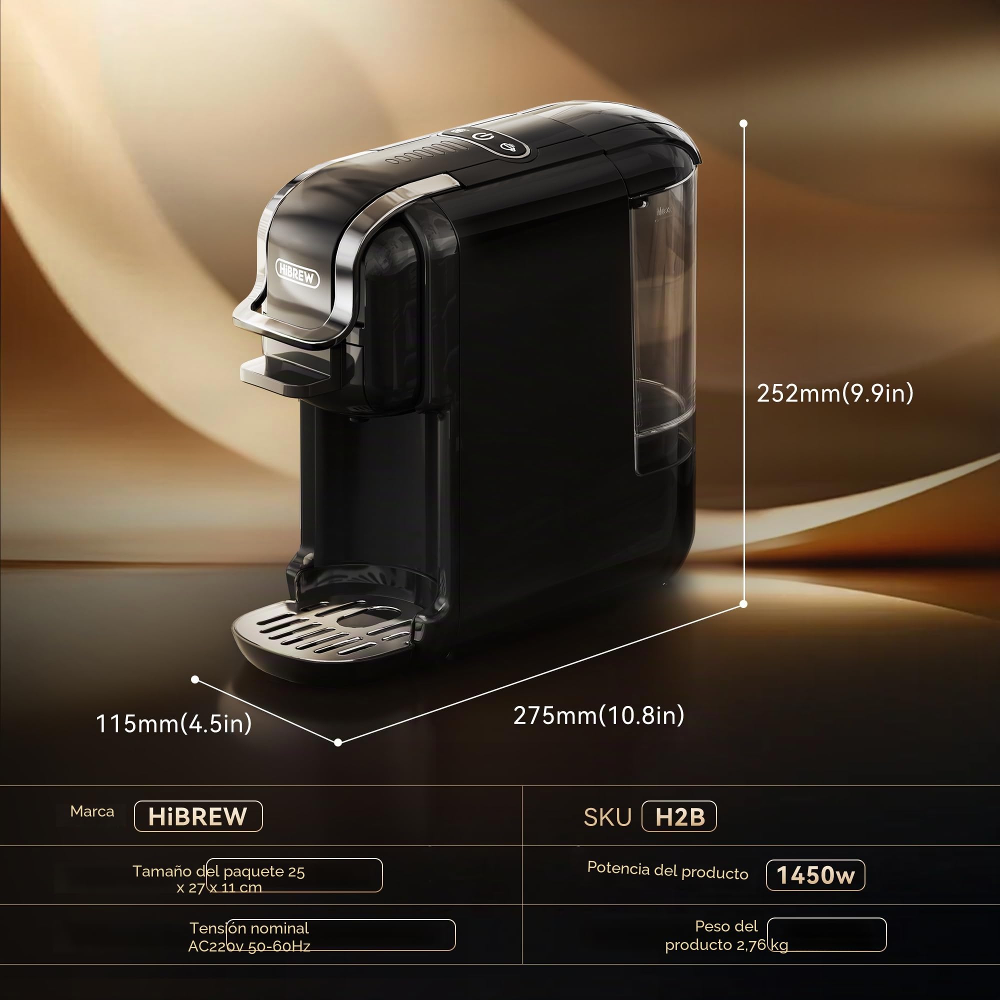 HIBREW Cafetera para Espresso, para bebidas calientes y frías, infusión fría, Oro cálido, 5 en 1, Cápsulas múltiples, Polvo, Molido (Negro)