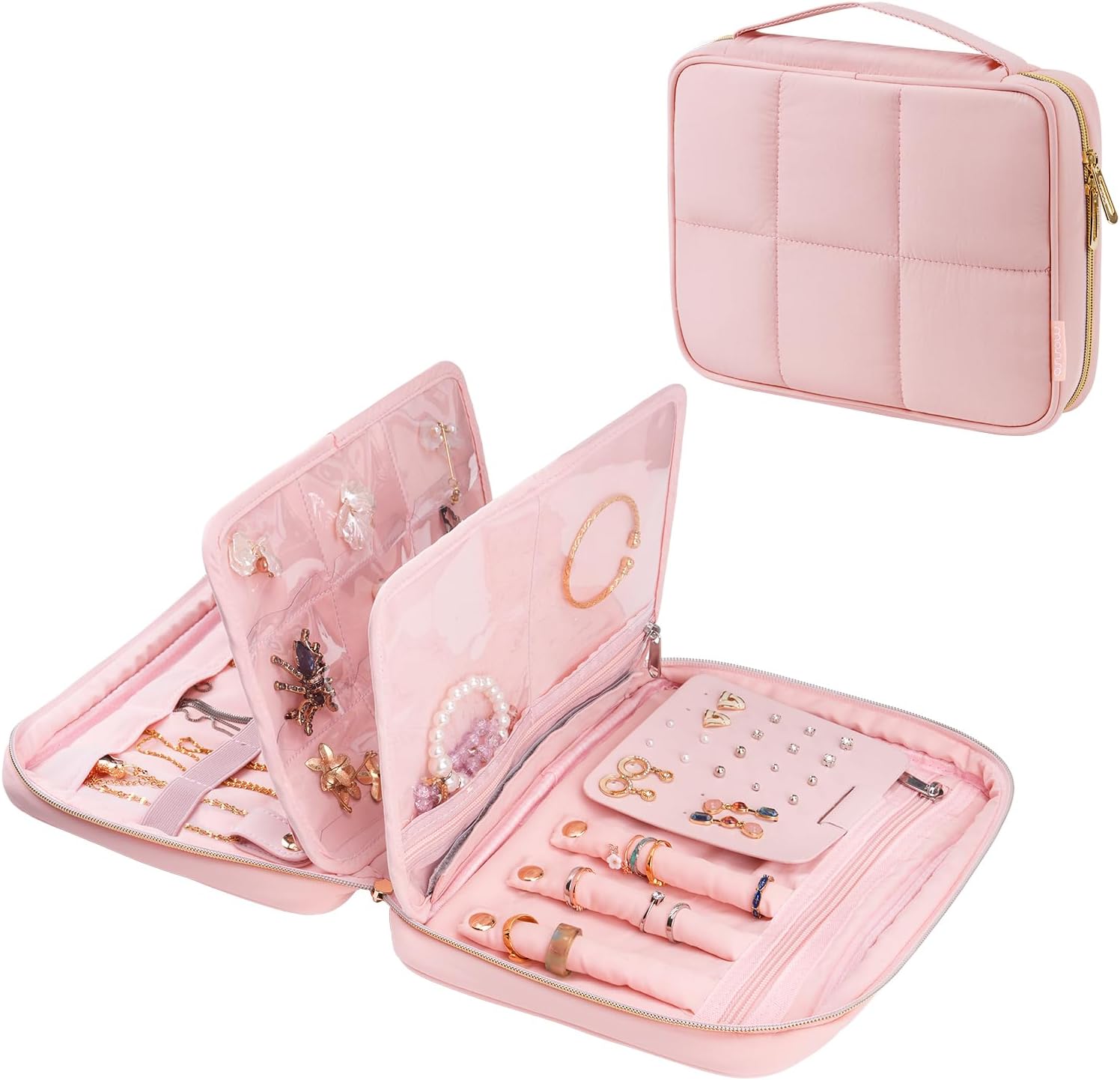 MOSISO Travel Jewelry Organizer, Double Layer Detachable Jewelry Case with Zipper, Portable Storage Bag for Women, Tearable Inner Page for Earrings, Rings, Bracelet, Necklaces, Brooches, Pink