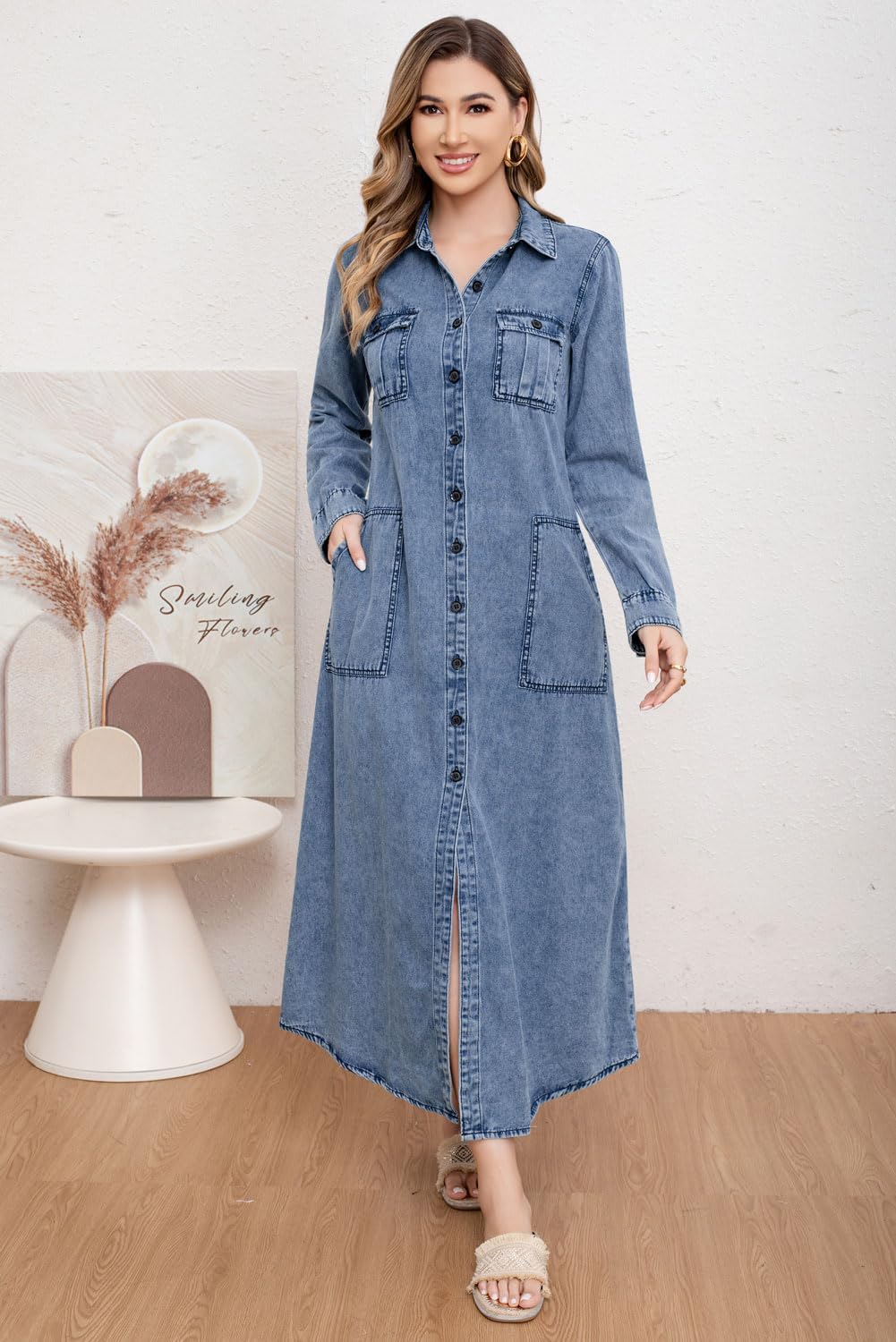 utcoco Womens Denim Shirt Dress Vintage Lapel Long Sleeve Casual Button Down Maxi Jean Dresses - Image 4