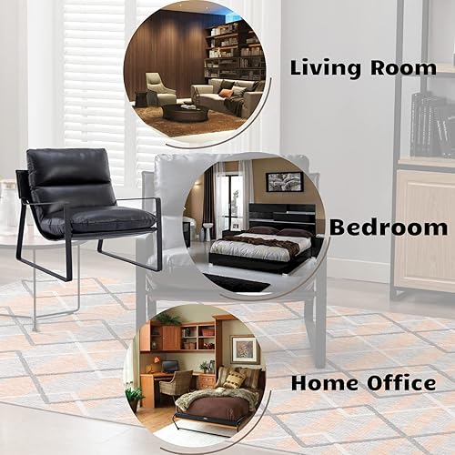 Miniatura 6 de HEAH-YO Juego de 1 silla moderna de piel sintética con cojín extraíble y marco de metal sólido, cómoda silla de lectura para dormitorio, color negro