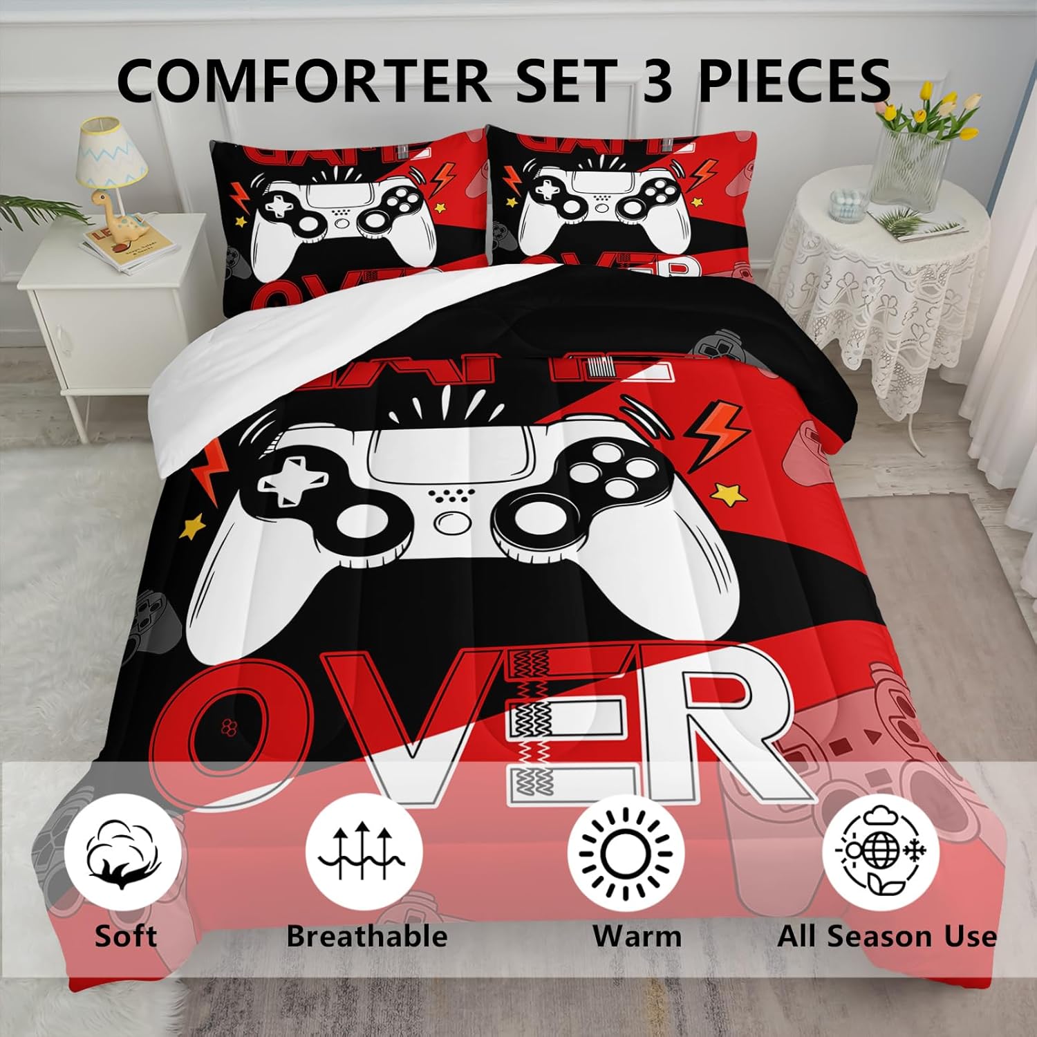 Axolotl Gamer Comforter Set Queen, 3Pcs Gaming Gamepad Bedding for Men, Games Console Bedding for Adults Room, Video Game Controller Room Decor Gaming Bed Set 1 Comforter with 2 Pillowcases, Black Red