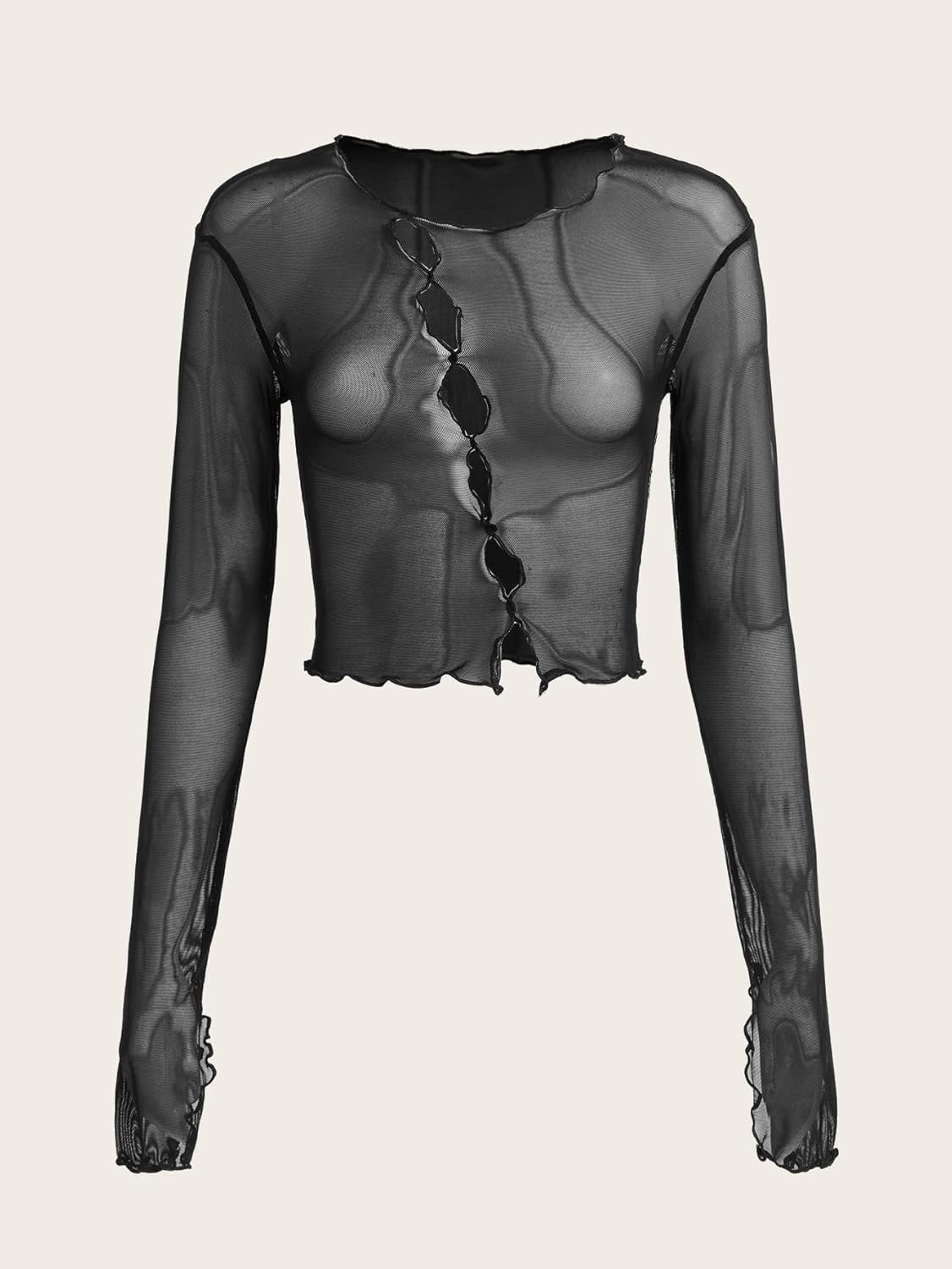 WDIRARA Women's Lettuce Trim Blouse Contrast Mesh Top Long Sleeve Round Neck Tee - Image 3