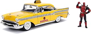 Jada 1957 Chevrolet Bel Air Taxi Yellow with Deadpool Die-cast Figure Marvel Series 1/24 Die-cast Model Car 30290, Multicolor