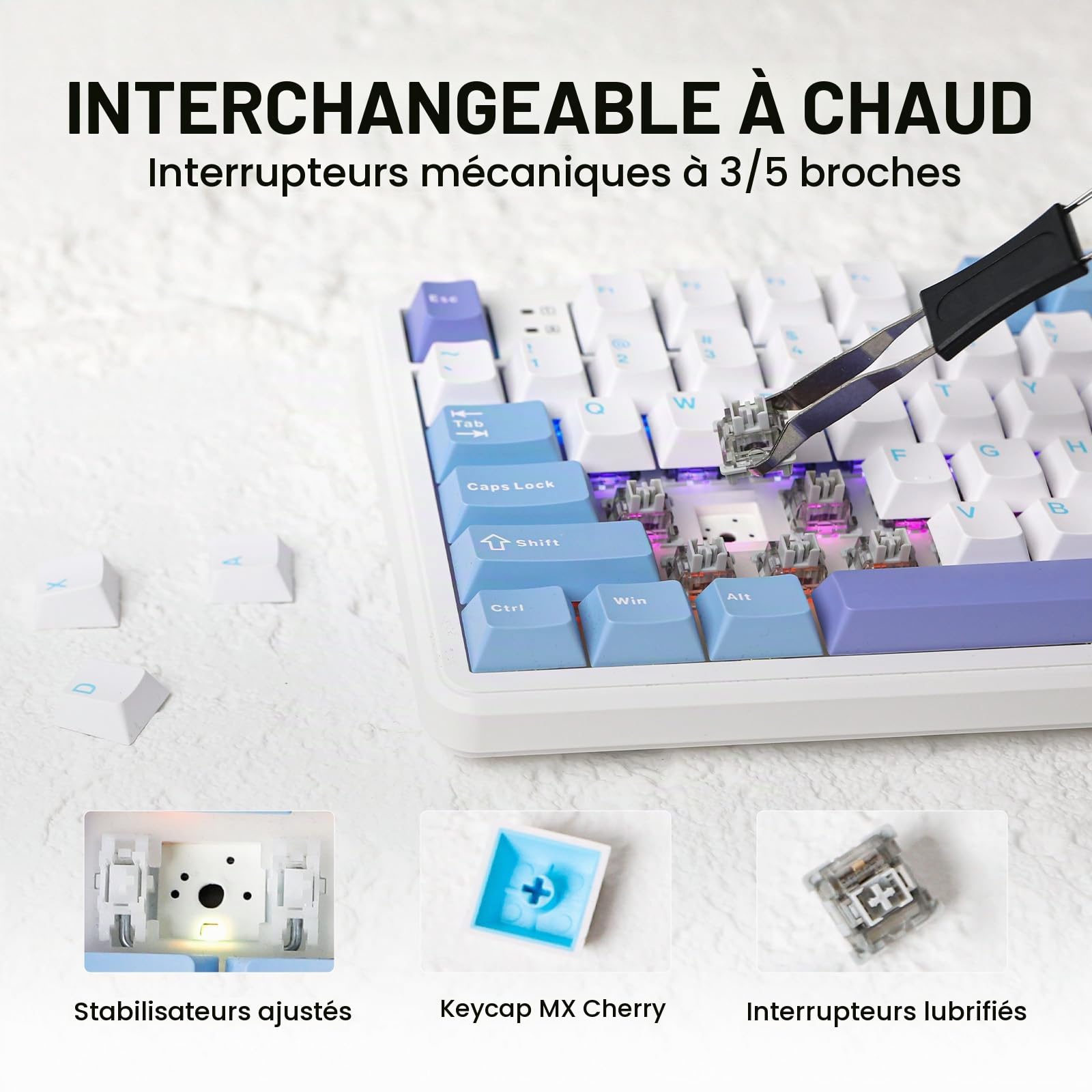 EPOMAKER Aula F108 Clavier Mécanique de Jeu sans Fil, 108 Touches, QWERTY us, Batterie 8000 mAh, Hot Swap et programmable, rétroéclairage RVB, pour Mac/PC (BlancViolet, GreywoodV3)