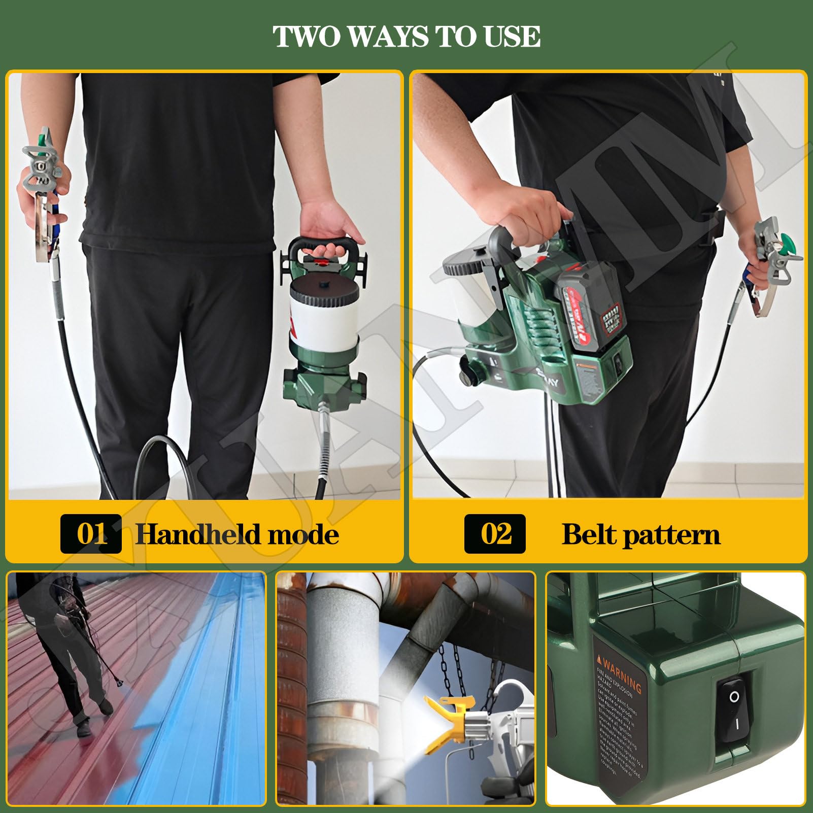 Pistola a spruzzo airless Senza Fili da 500 W, Pistola a spruzzo elettrica Portatile ad Alta Pressione (15 MPa) da 1,2 l, con Batteria al Litio da 21 V, 6 velocità Regolabili Green-1Battery