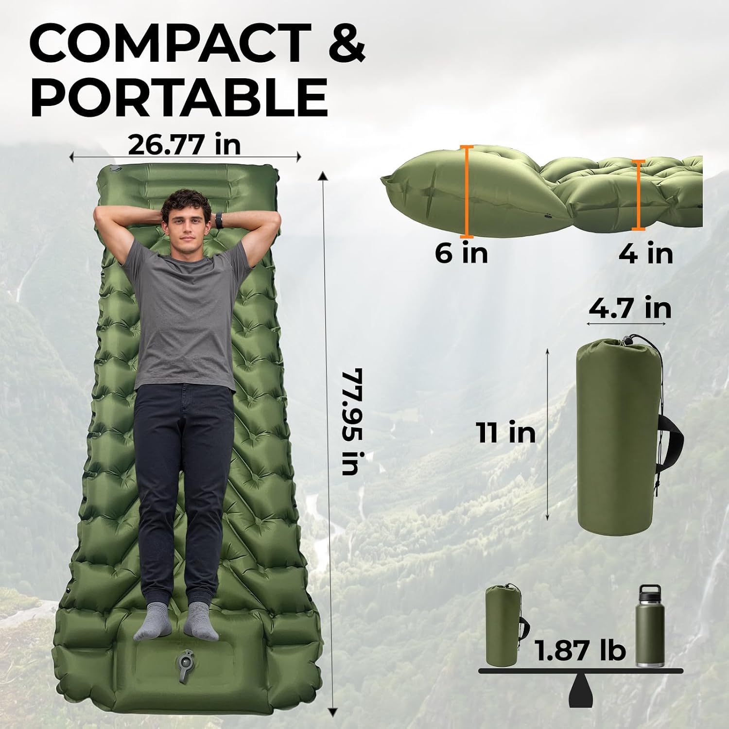 Camping Sleeping Pad with Built in Foot Pump and Pillow | 4 in thick, waterproof 50D TPU, built-in pillow, packs to 11 x 4.7 in, for backpacking, hiking, tent and SUV trips