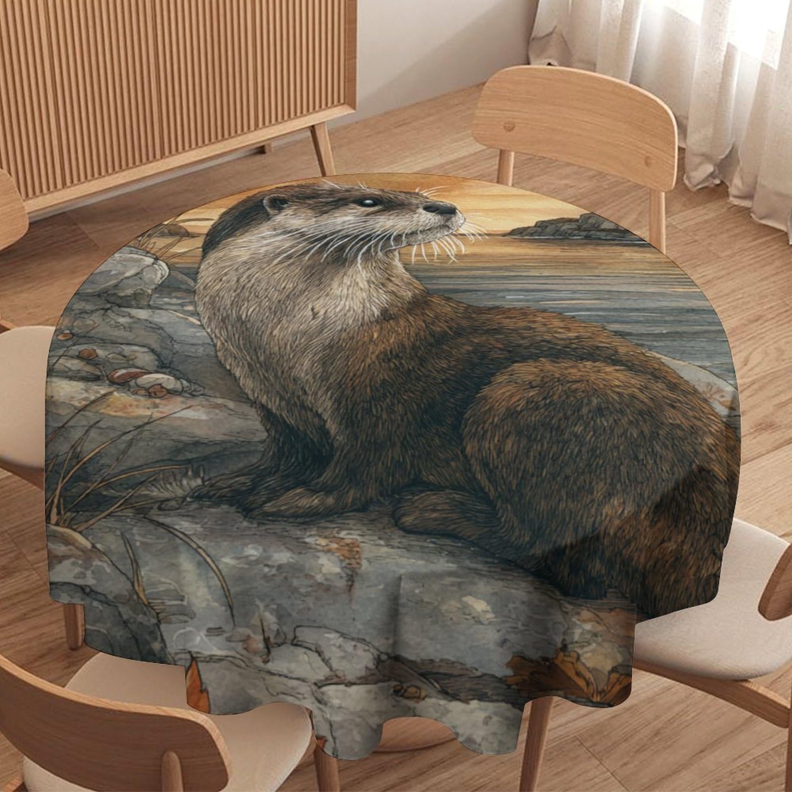 LUYYSKY Classic Cute Otters Round Tablecloth Classic Watercolor Autumn Lanscape Maple Leaves Animals Otters Print Washable Decor for Table Cover for Kitchen-70 Wx70 L