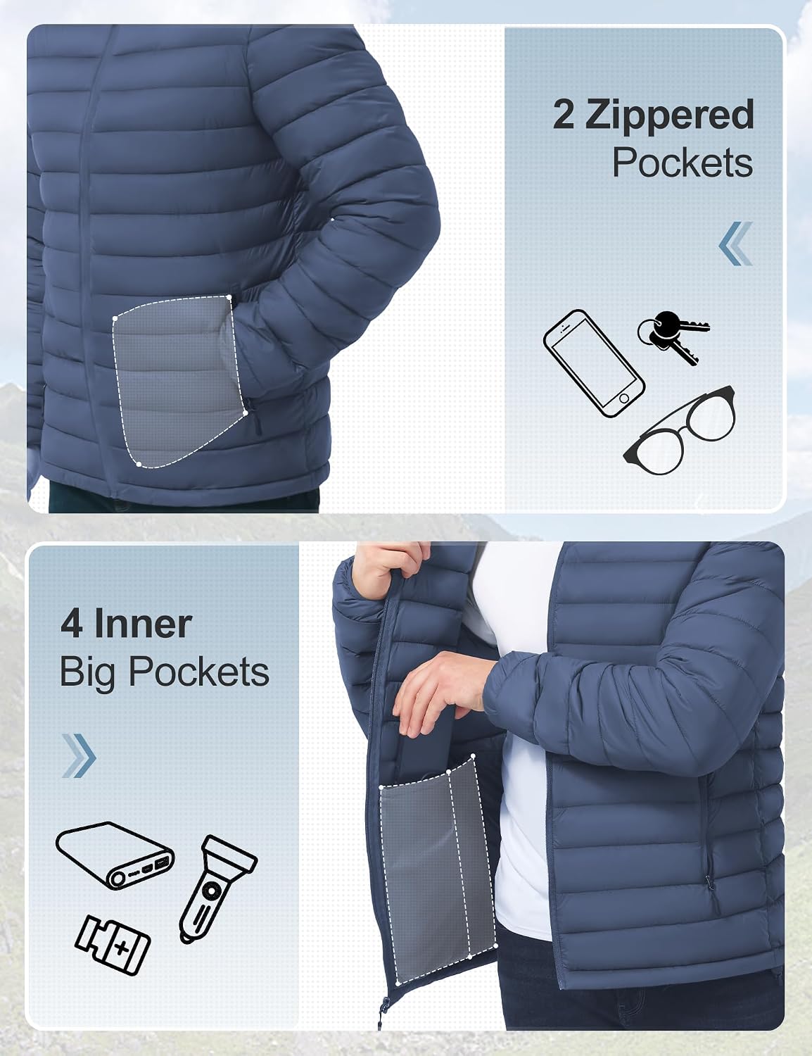 Men's Lightweight Packable Puffer Jacket Hooded High Collar Insulated Water-Resistant Winter Jackets Puffy Coat