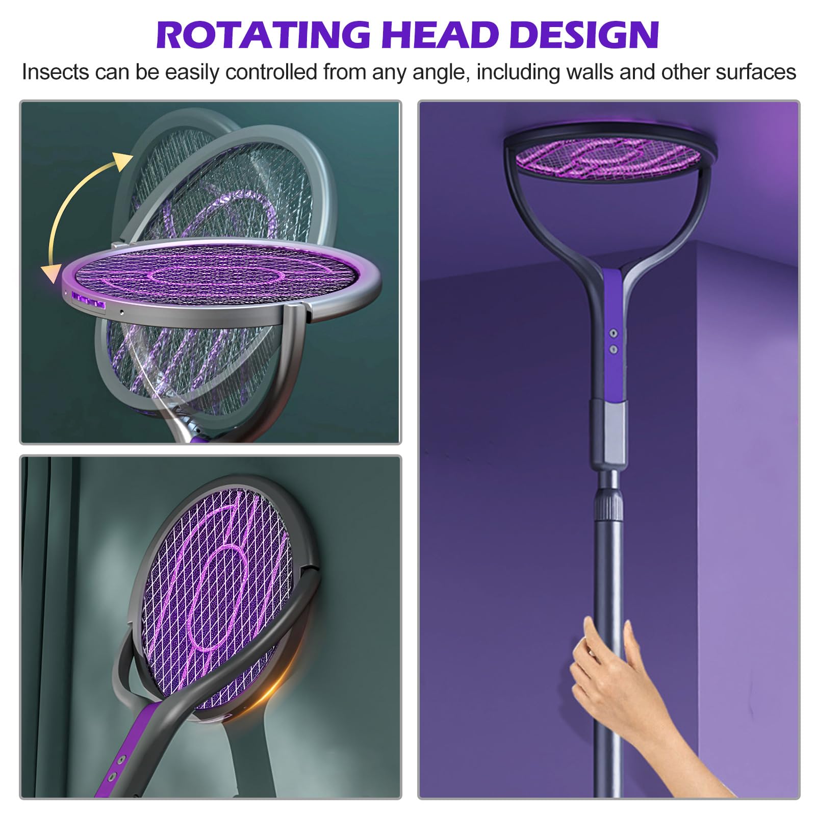 Tapette à Mouches électrique, Tête Rotative Rechargeable, Piège à Mouches électrique avec Rallonge Télescopique Répulsif anti-Moustiques 2 en 1, Tapette à Mouches Rechargeable USB pour Chambre Cuisine
