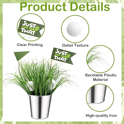 Miniatura 3 de Juego de 6 centros de mesa de golf para mesa, incluye 6 cubos de hierro, 12 minigolf, 60 césped artificial, 12 banderas, 2 calcomanías para