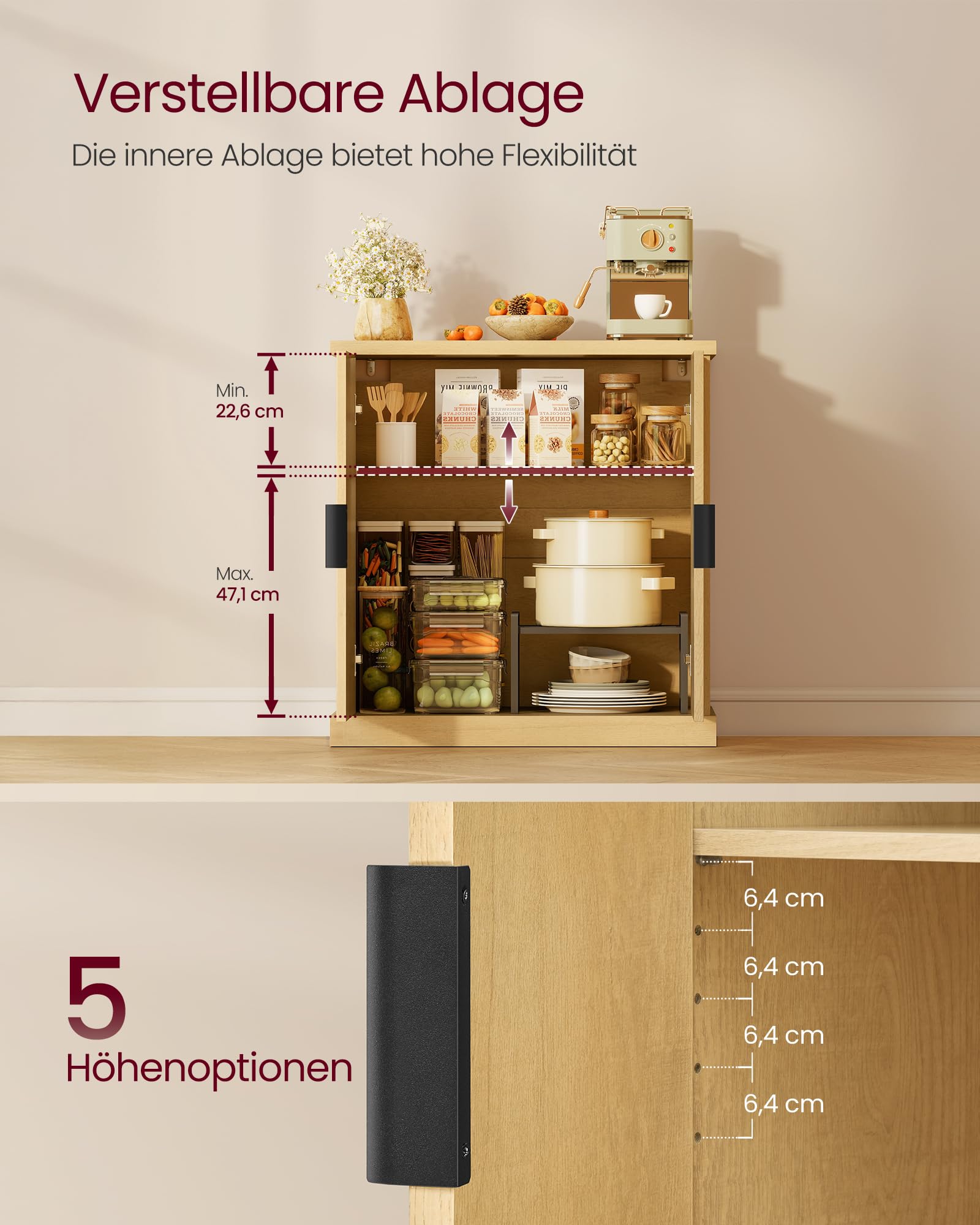 VASAGLE MAXE Kollektion - Sideboard, Küchenschrank, Aufbewahrungsschrank mit Verstellbarer Ablage, geriffelte Türen, Übergangsstil, Küche, Esszimmer, eichenbeige BBK344Y01