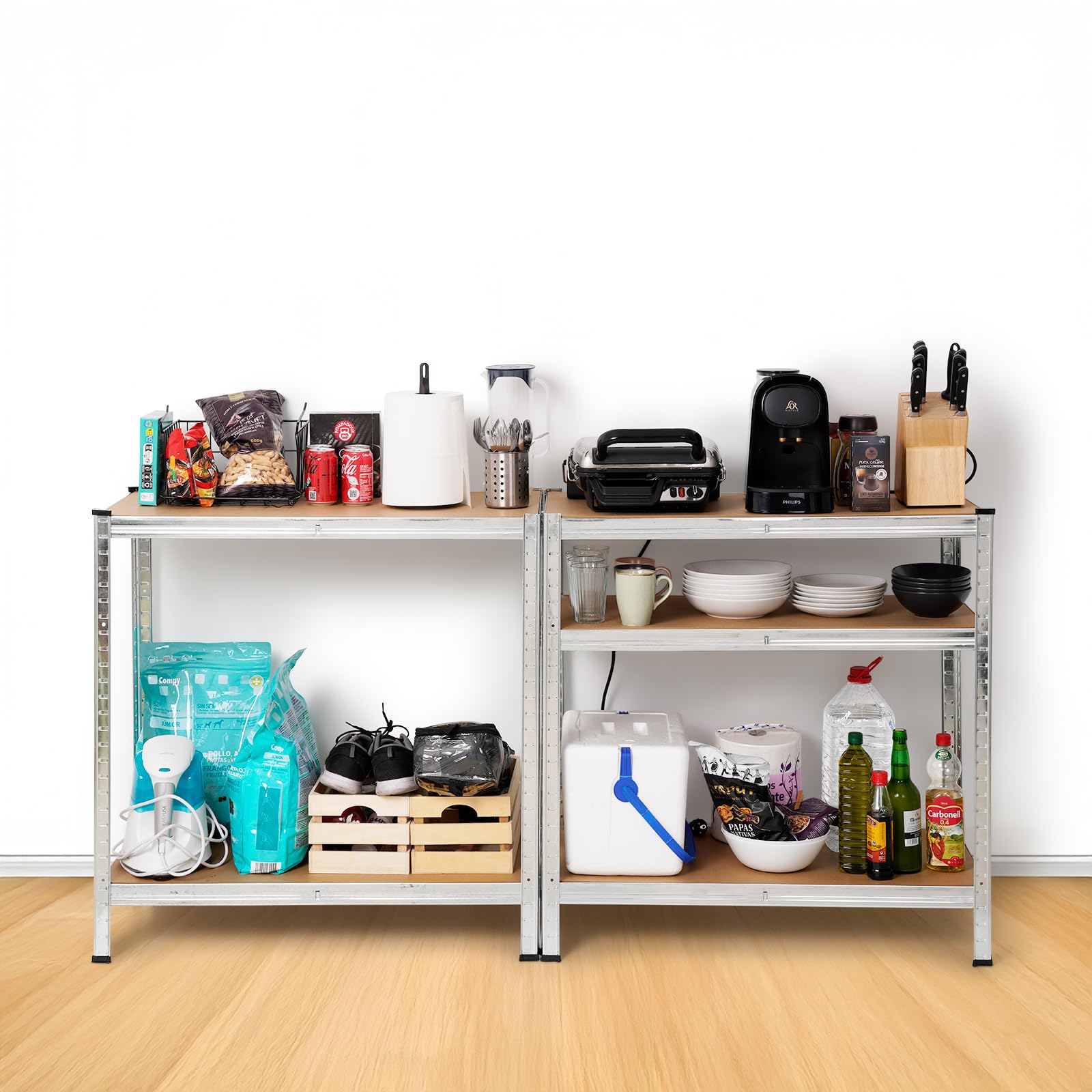 The Homeweeks Estantería Metálica 180x90x40cm | Galvanizada Modular | 5 Baldas Ajustables | MDF | Carga 175 kg por Estante y 875 kg Total | Montaje Suelo | sin Tornillos System Click & Push